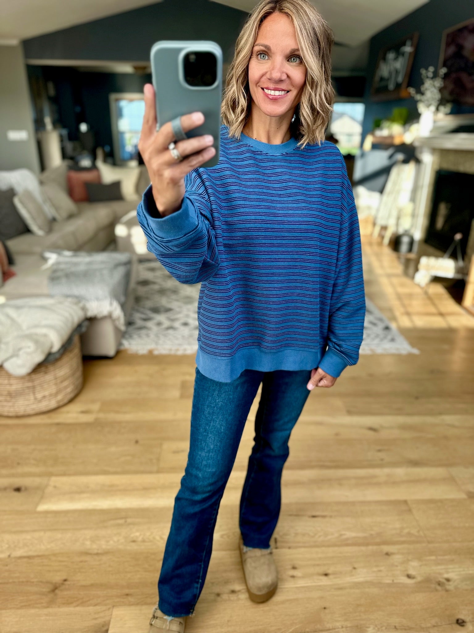 Home In The Fall Striped Crewneck-Sweaters-Wishlist-Anna Kaytes Boutique, Women's Fashion Boutique in Grinnell, Iowa