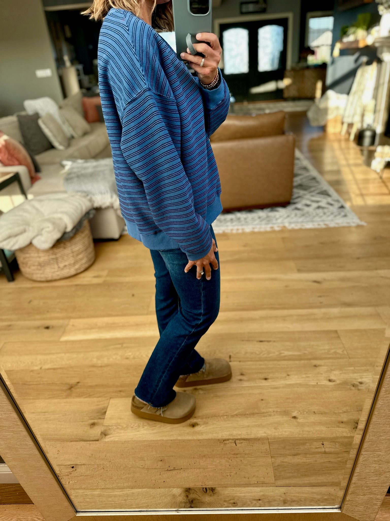 Home In The Fall Striped Crewneck-Sweaters-Wishlist-Anna Kaytes Boutique, Women's Fashion Boutique in Grinnell, Iowa