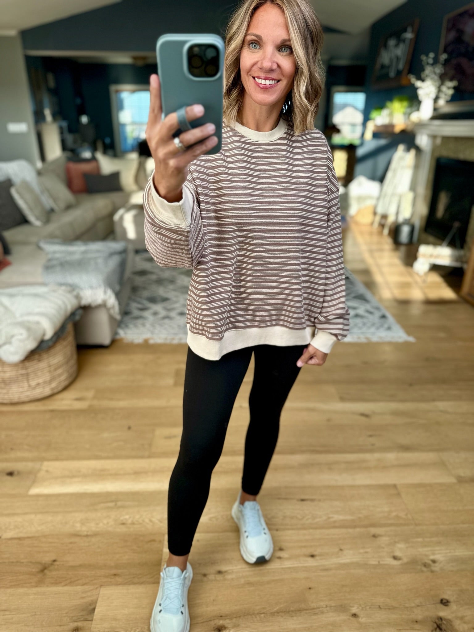 Home In The Fall Striped Crewneck-Sweaters-Wishlist-Anna Kaytes Boutique, Women's Fashion Boutique in Grinnell, Iowa