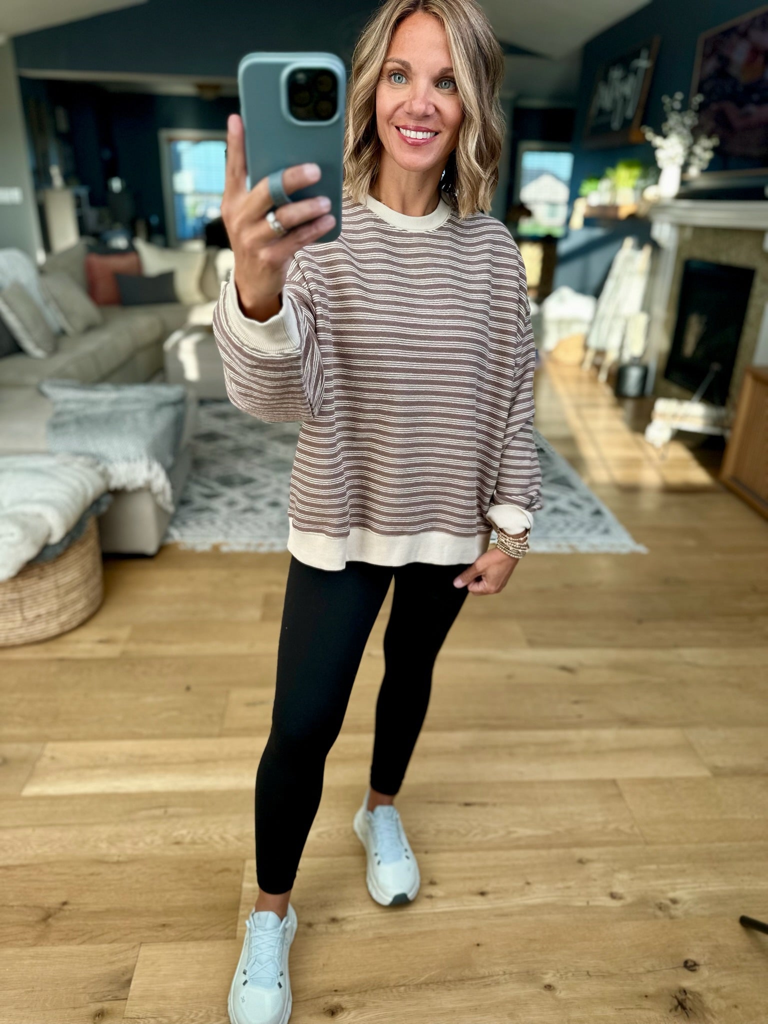 Home In The Fall Striped Crewneck-Sweaters-Wishlist-Anna Kaytes Boutique, Women's Fashion Boutique in Grinnell, Iowa