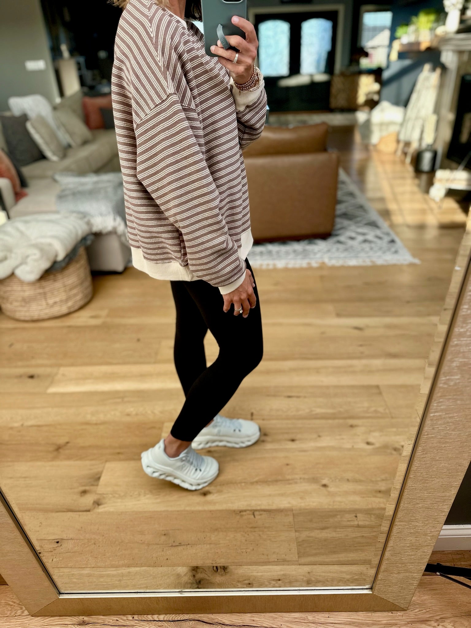 Home In The Fall Striped Crewneck-Sweaters-Wishlist-Anna Kaytes Boutique, Women's Fashion Boutique in Grinnell, Iowa