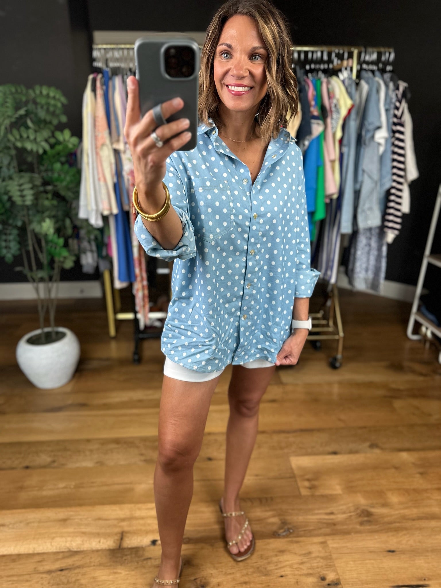Come My Way Polka Dot Denim Top-Long Sleeves-Vine & Love-Anna Kaytes Boutique, Women's Fashion Boutique in Grinnell, Iowa