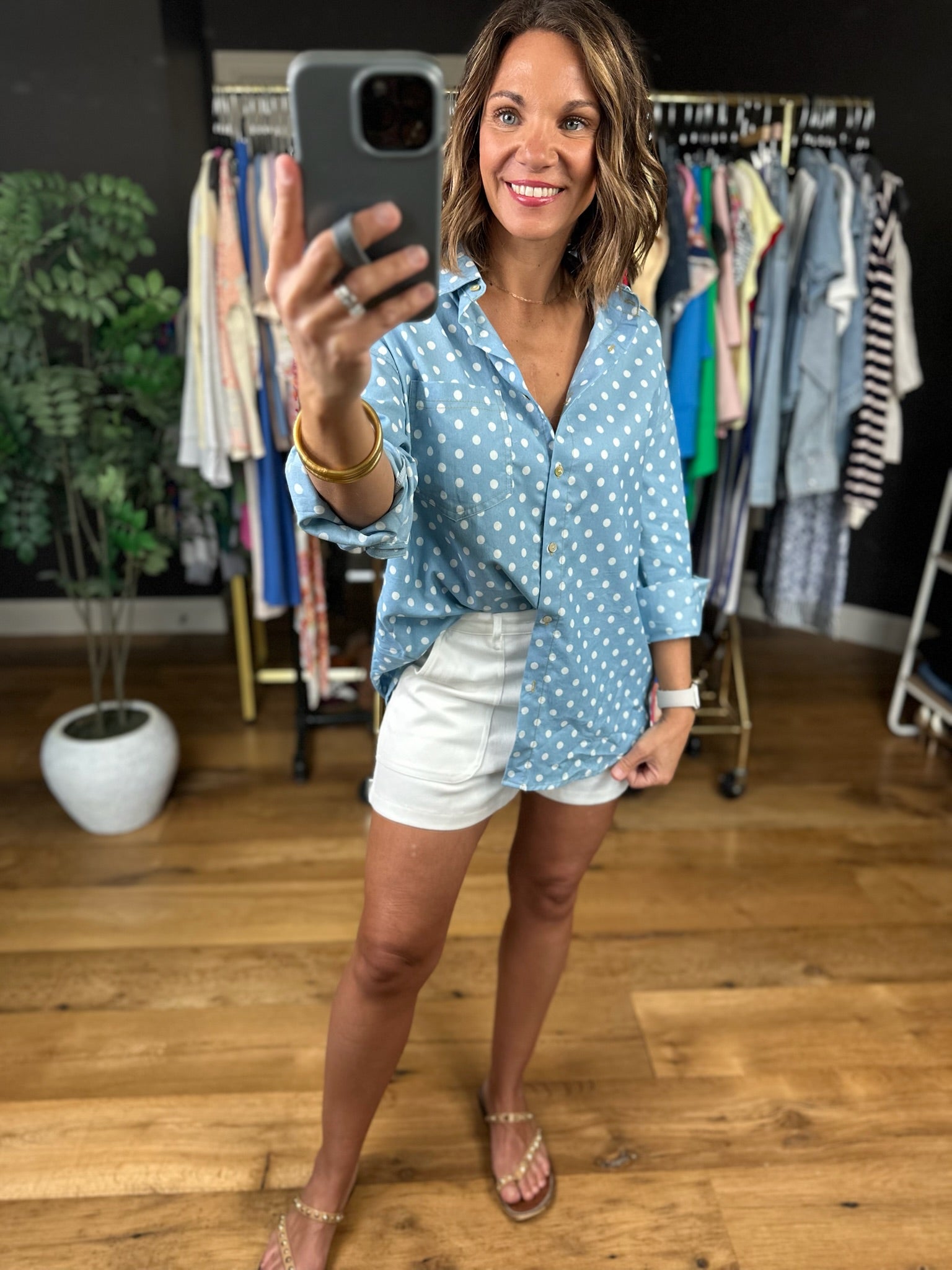 Come My Way Polka Dot Denim Top-Long Sleeves-Vine & Love-Anna Kaytes Boutique, Women's Fashion Boutique in Grinnell, Iowa