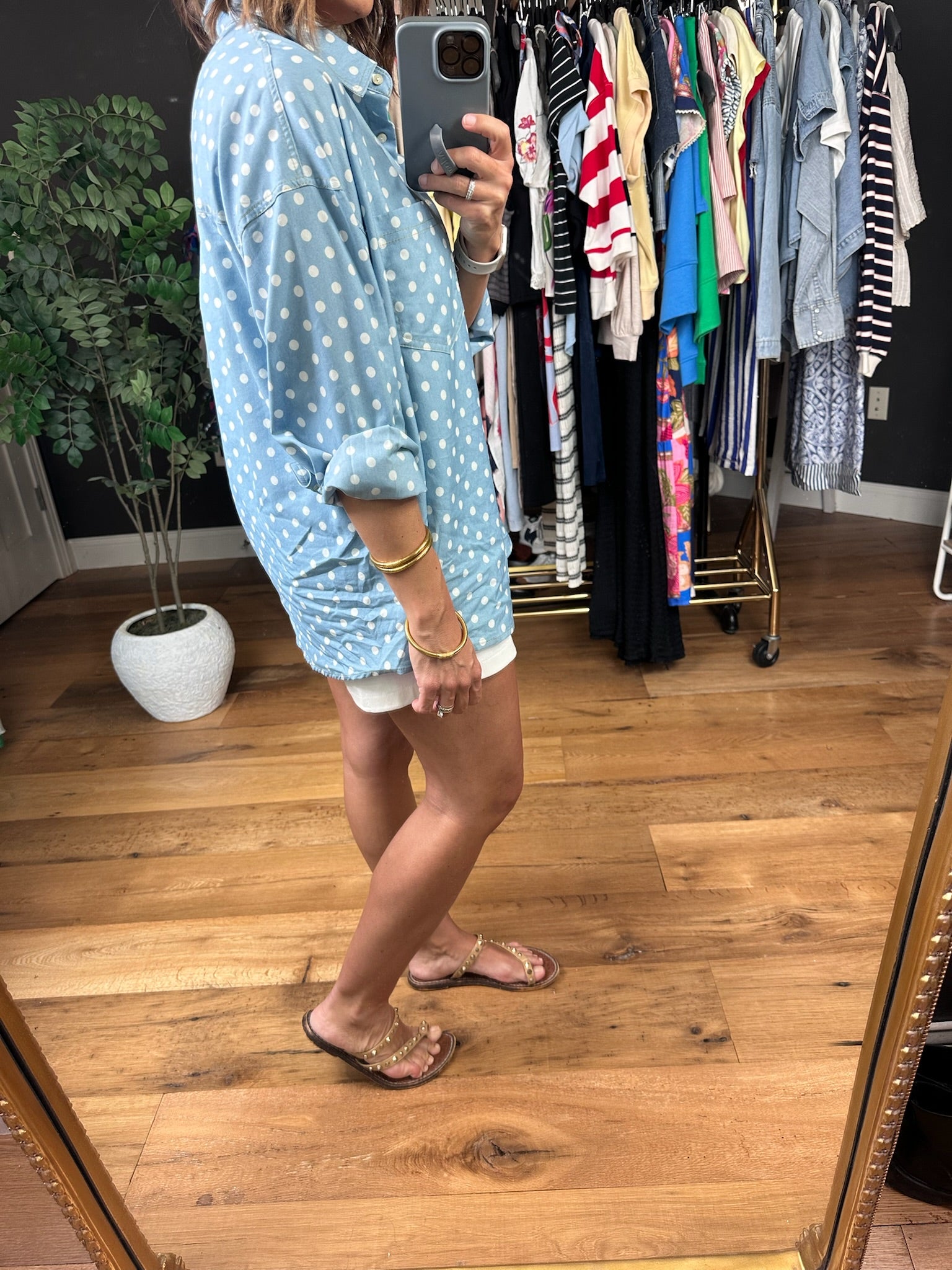 Come My Way Polka Dot Denim Top-Long Sleeves-Vine & Love-Anna Kaytes Boutique, Women's Fashion Boutique in Grinnell, Iowa