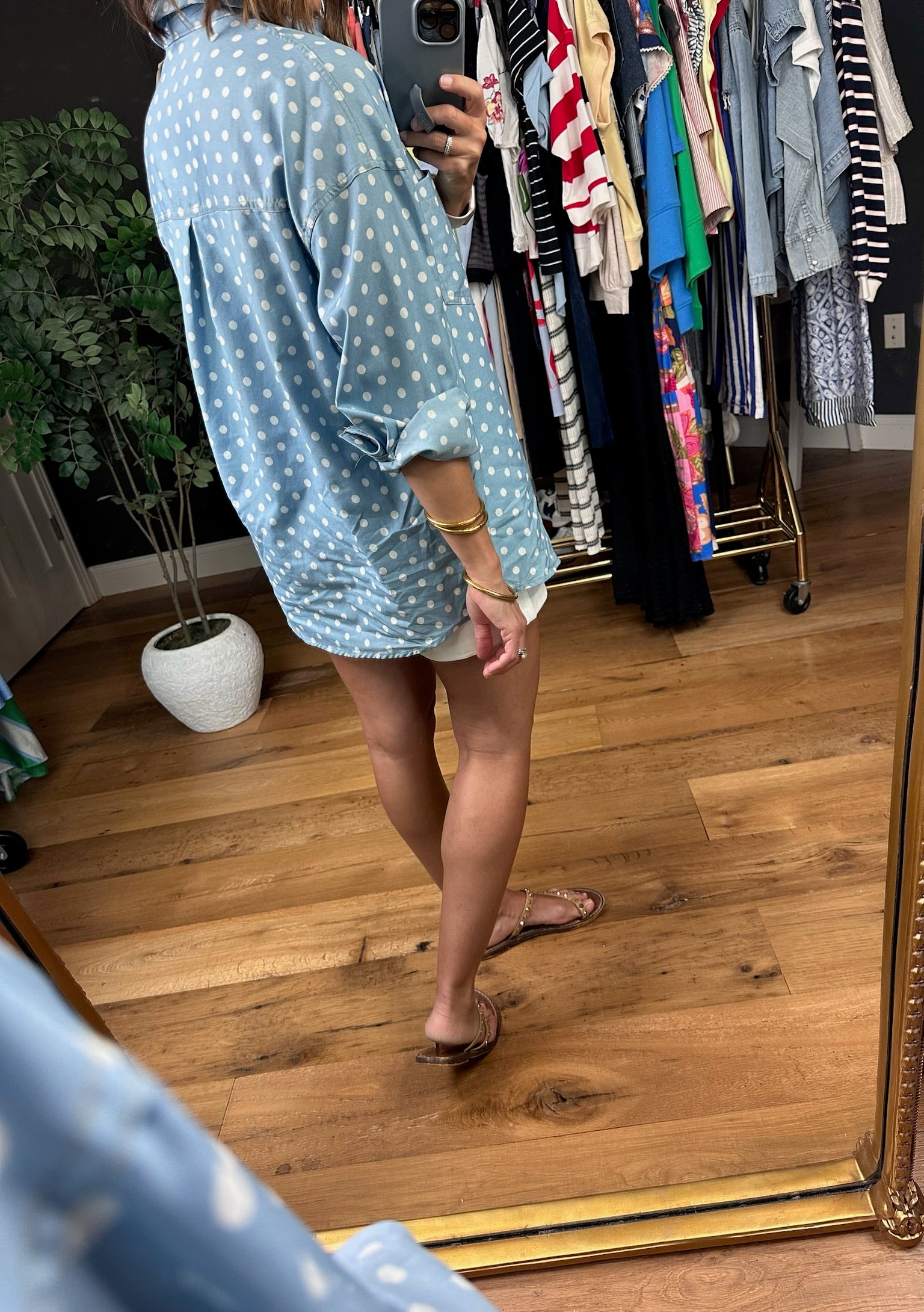Come My Way Polka Dot Denim Top-Long Sleeves-Vine & Love-Anna Kaytes Boutique, Women's Fashion Boutique in Grinnell, Iowa