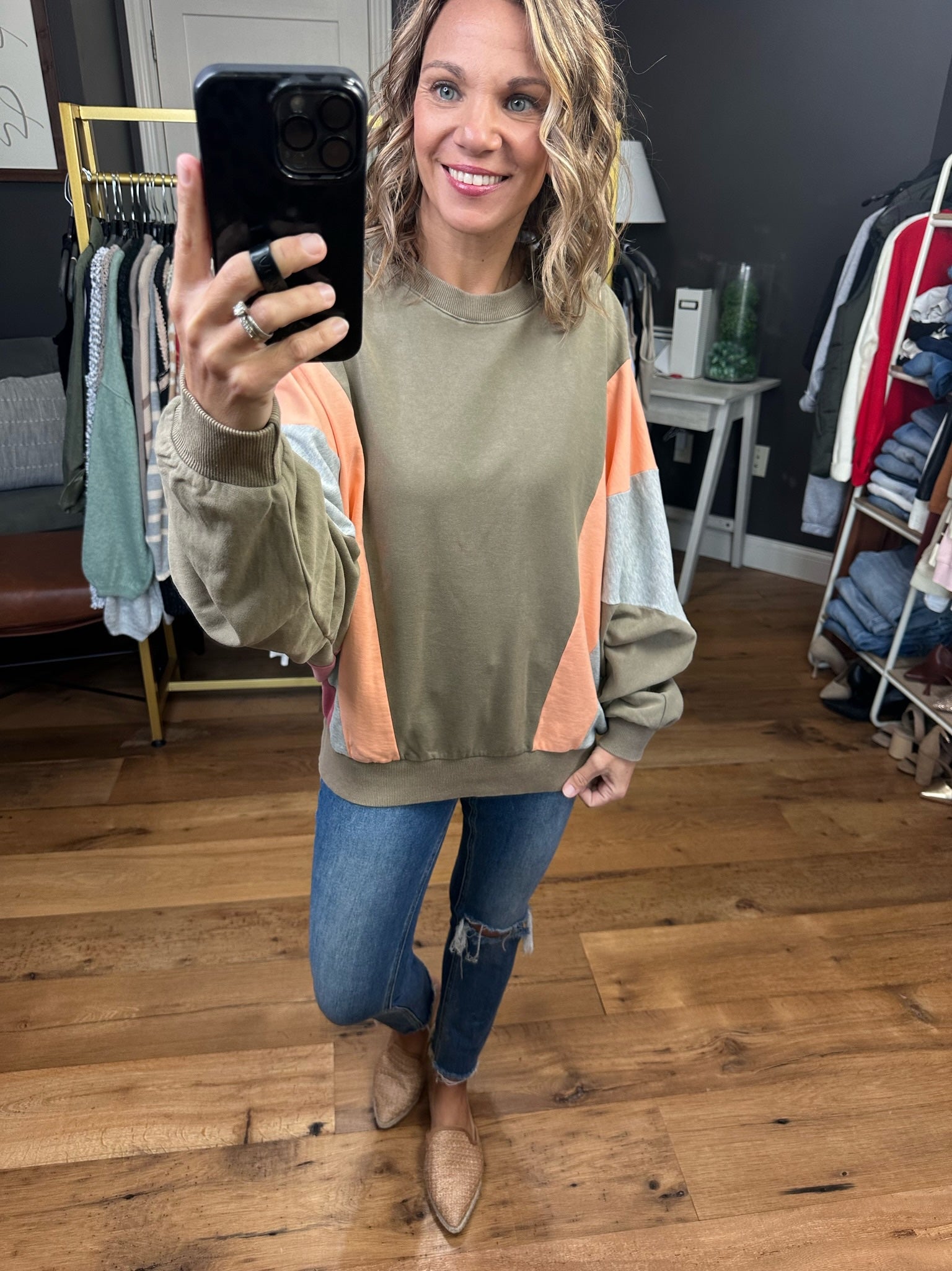 Speak The Truth Colorblock Crewneck Sweatshirt - Olive Grey-Sweaters-Easel ET22821-Anna Kaytes Boutique, Women's Fashion Boutique in Grinnell, Iowa