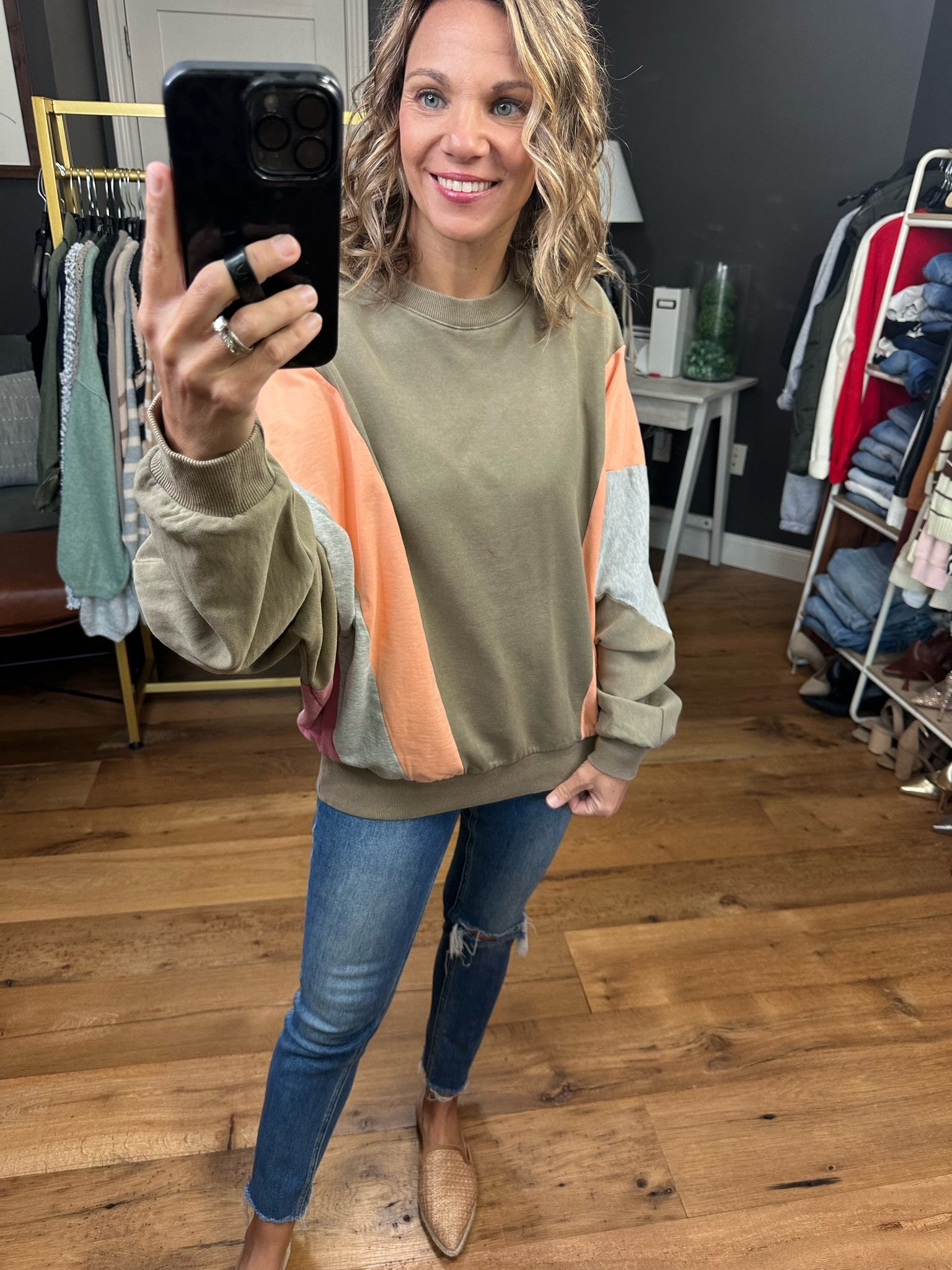 Speak The Truth Colorblock Crewneck Sweatshirt - Olive Grey-Sweaters-Easel ET22821-Anna Kaytes Boutique, Women's Fashion Boutique in Grinnell, Iowa