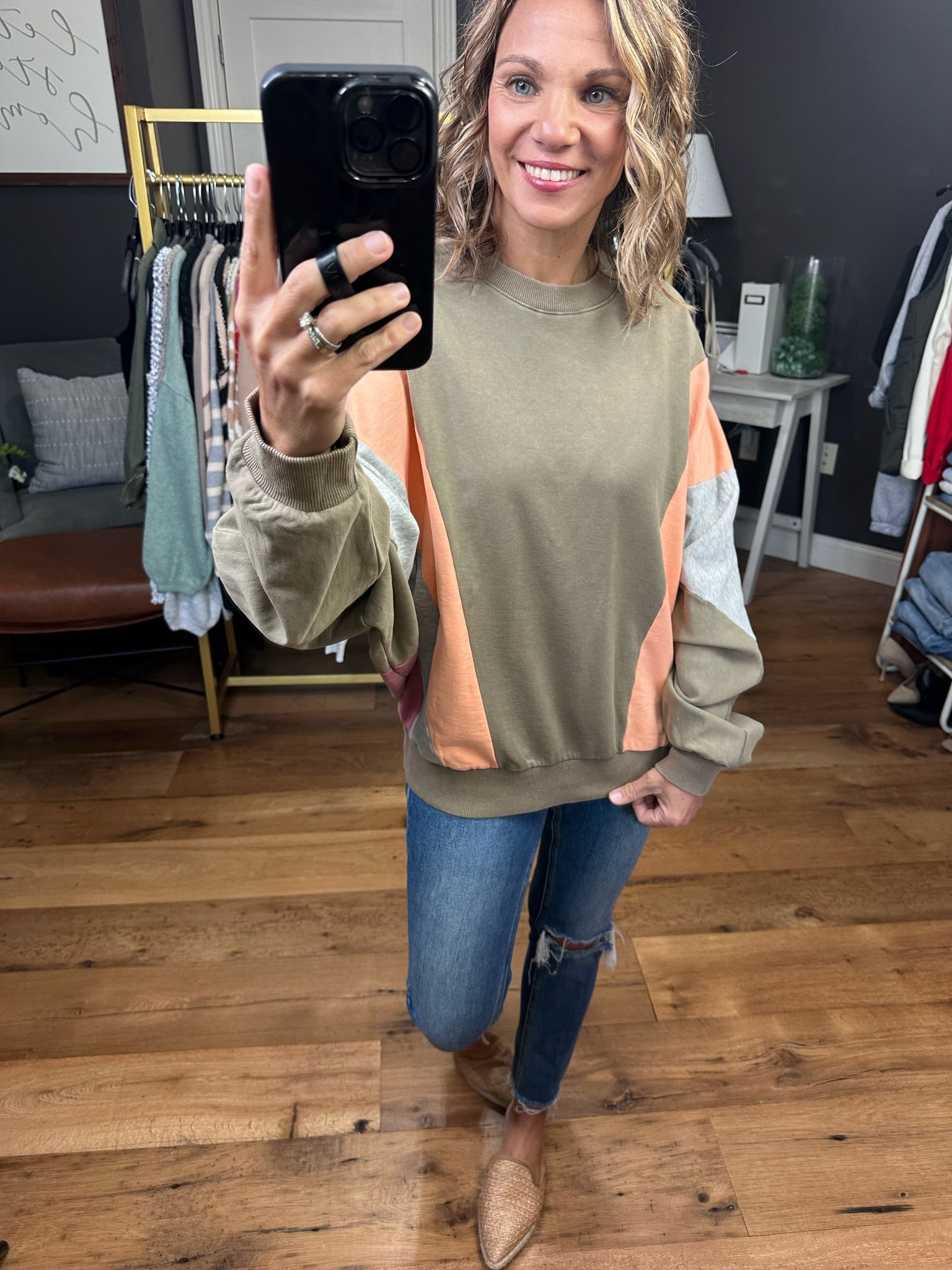 Speak The Truth Colorblock Crewneck Sweatshirt - Olive Grey-Sweaters-Easel ET22821-Anna Kaytes Boutique, Women's Fashion Boutique in Grinnell, Iowa