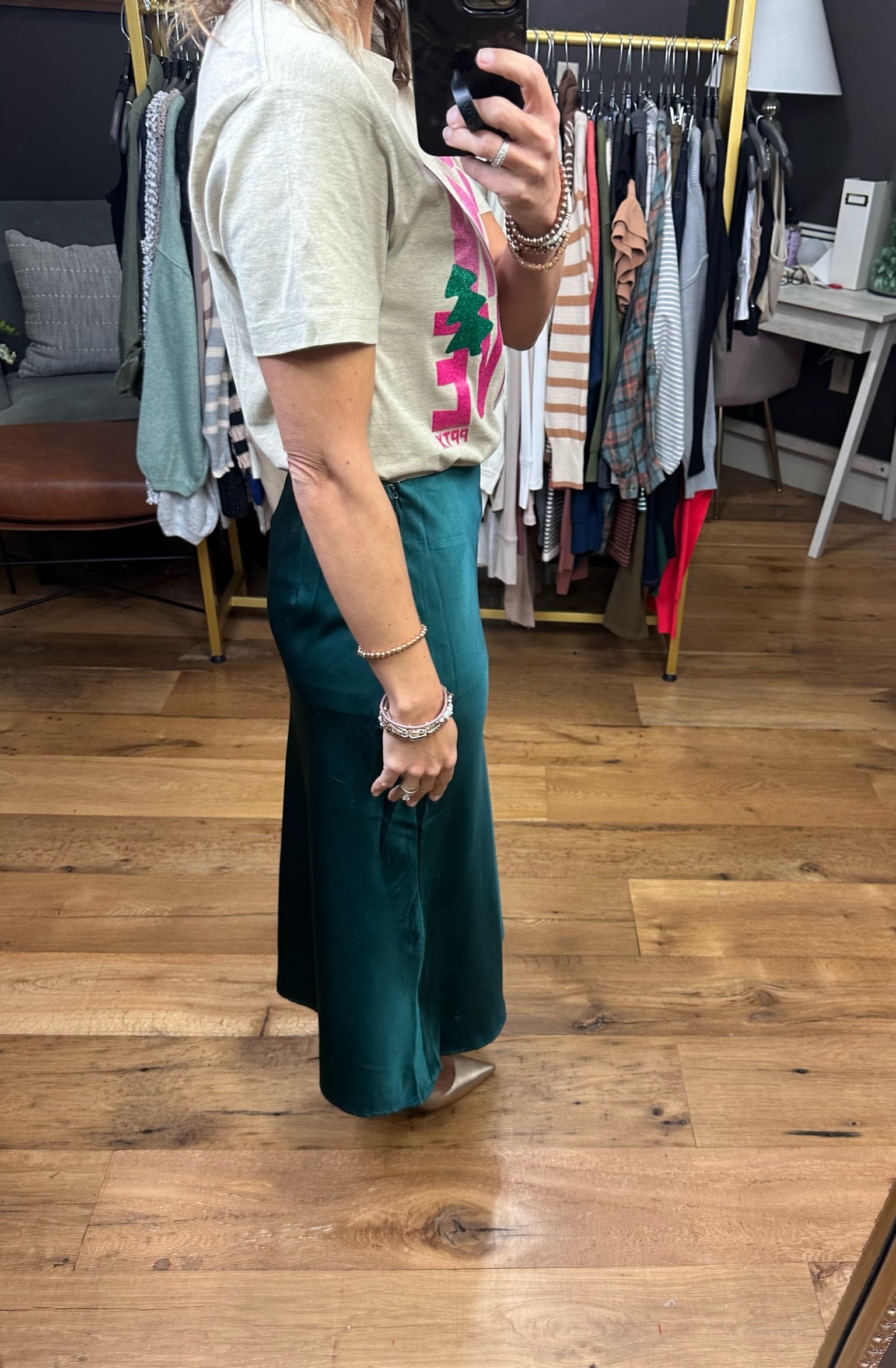 In Your Presence Satin Skirt - Hunter Green-Skirts-Blu Ivy B01153-Anna Kaytes Boutique, Women's Fashion Boutique in Grinnell, Iowa