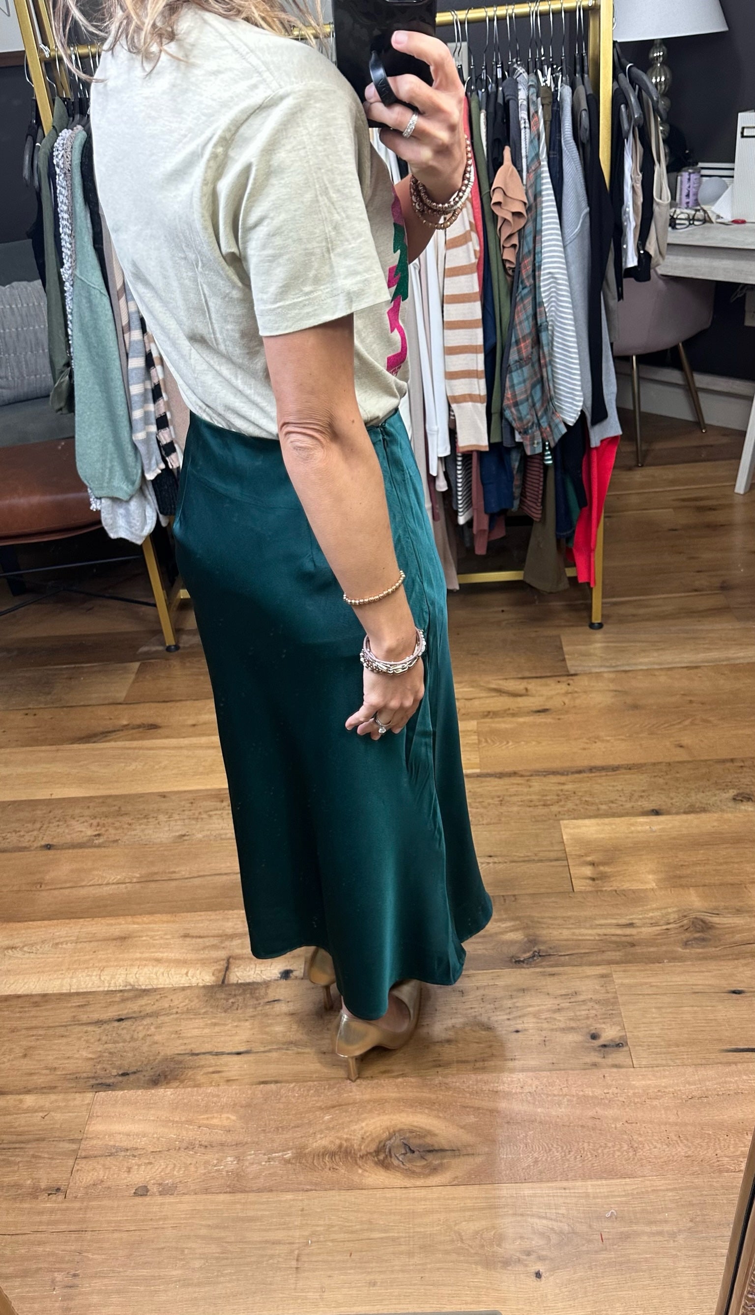 In Your Presence Satin Skirt - Hunter Green-Skirts-Blu Ivy B01153-Anna Kaytes Boutique, Women's Fashion Boutique in Grinnell, Iowa