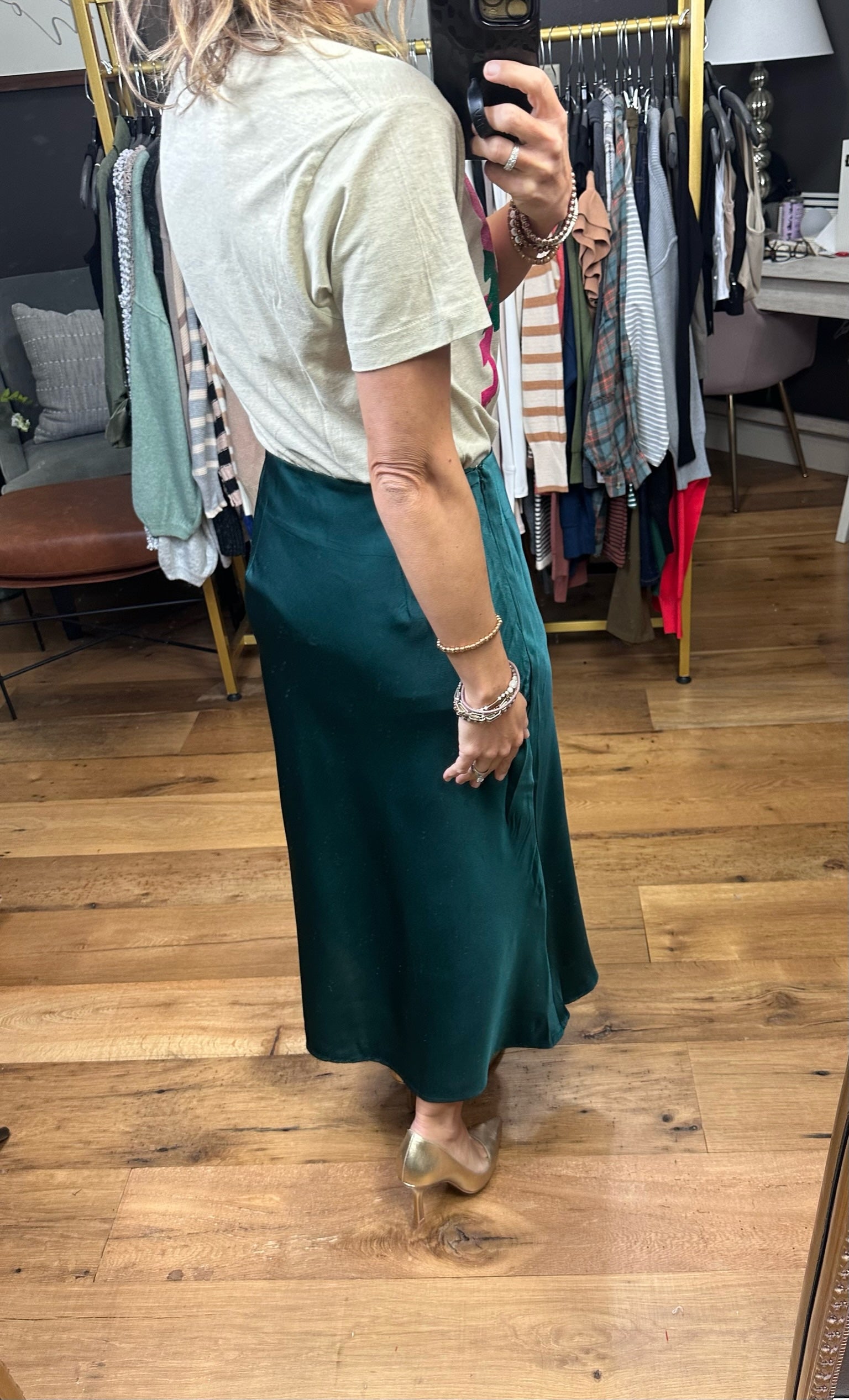 In Your Presence Satin Skirt - Hunter Green-Skirts-Blu Ivy B01153-Anna Kaytes Boutique, Women's Fashion Boutique in Grinnell, Iowa