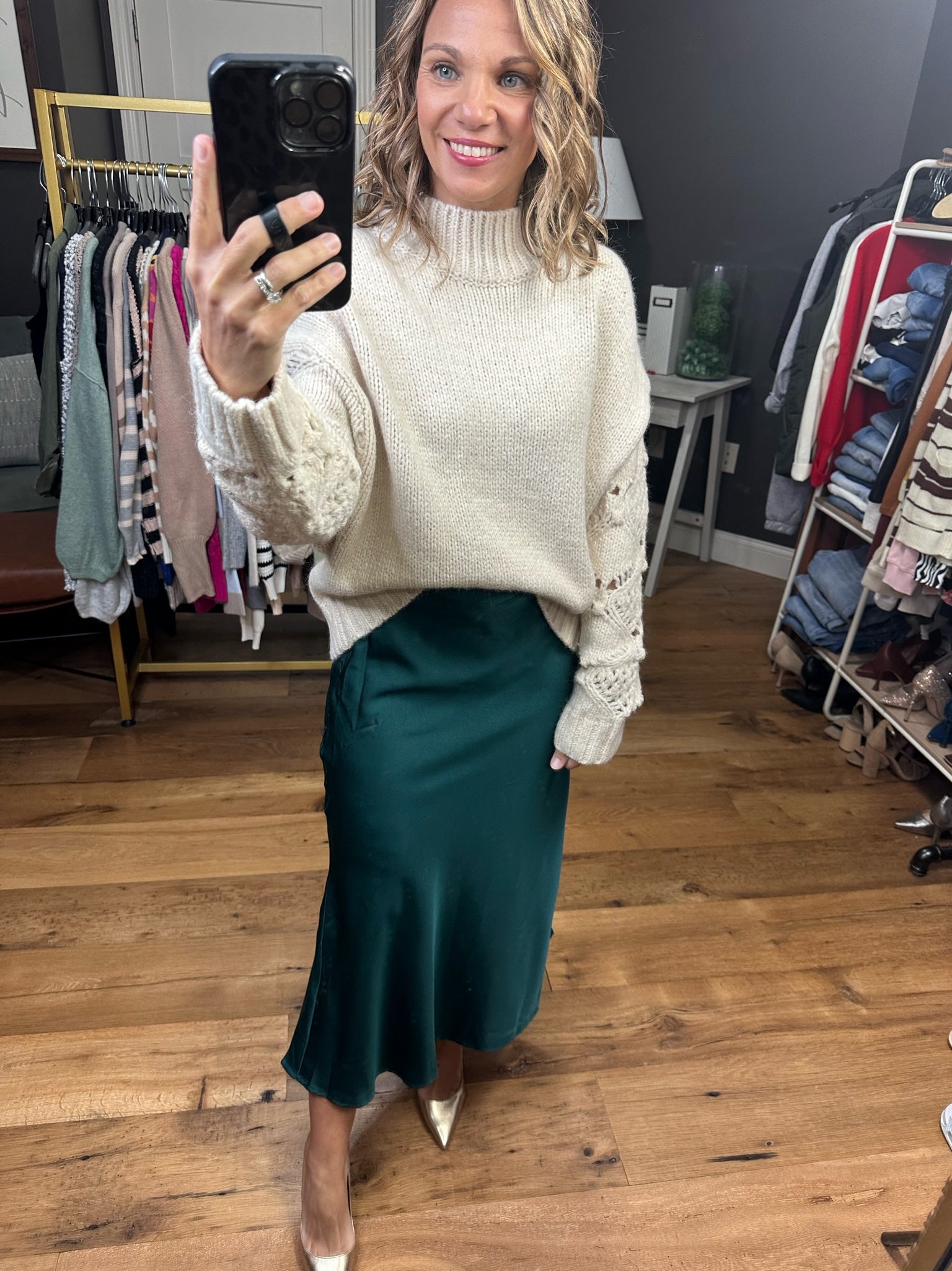 In Your Presence Satin Skirt - Hunter Green-Skirts-Blu Ivy B01153-Anna Kaytes Boutique, Women's Fashion Boutique in Grinnell, Iowa