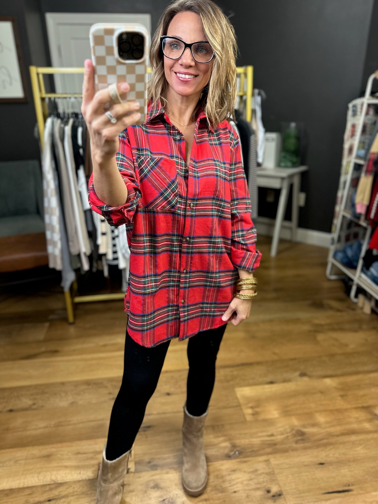 Reaching Out Plaid Button-Down - Red-Long Sleeves-La Miel-Anna Kaytes Boutique, Women's Fashion Boutique in Grinnell, Iowa