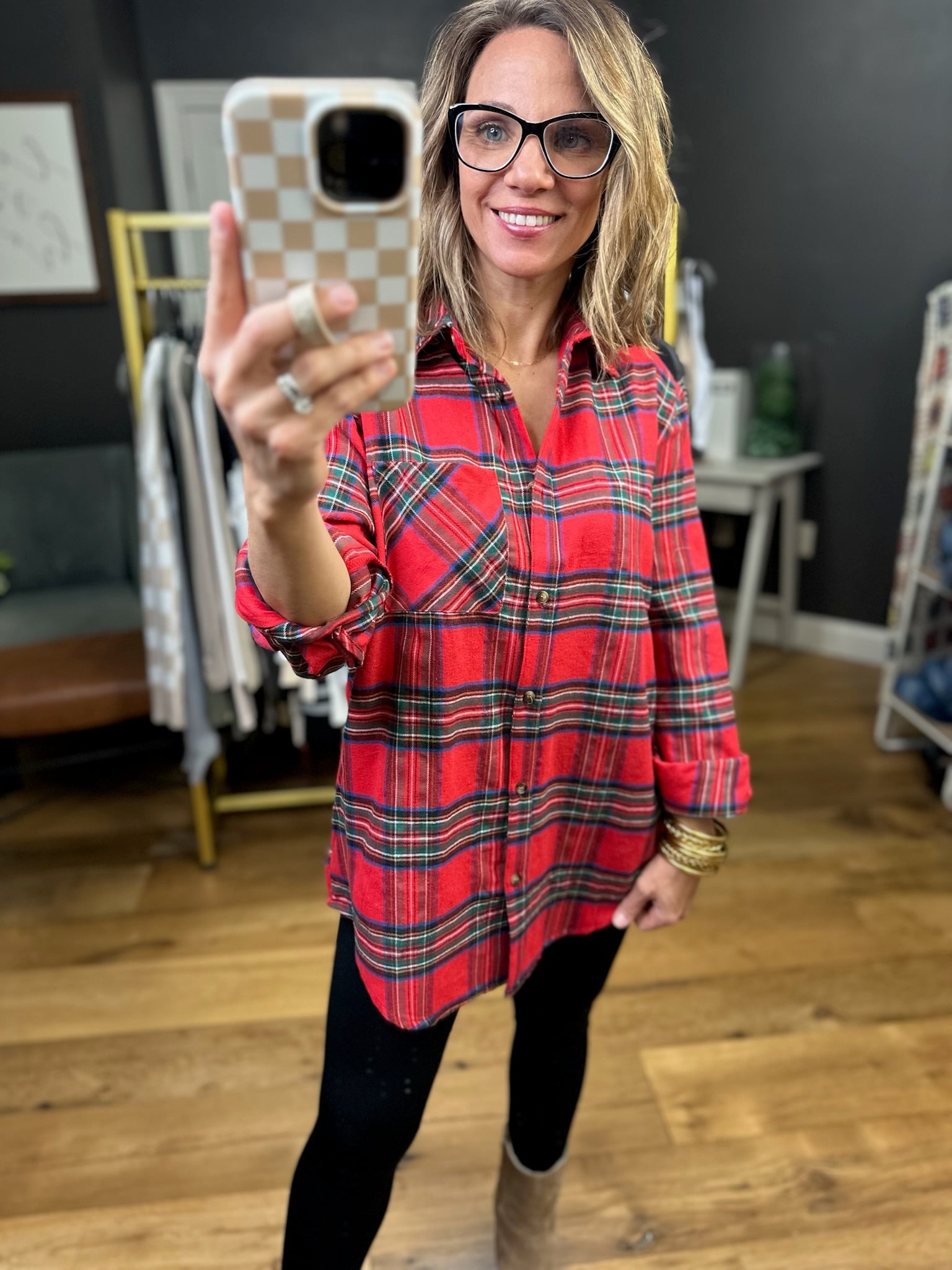 Reaching Out Plaid Button-Down - Red-Long Sleeves-La Miel-Anna Kaytes Boutique, Women's Fashion Boutique in Grinnell, Iowa