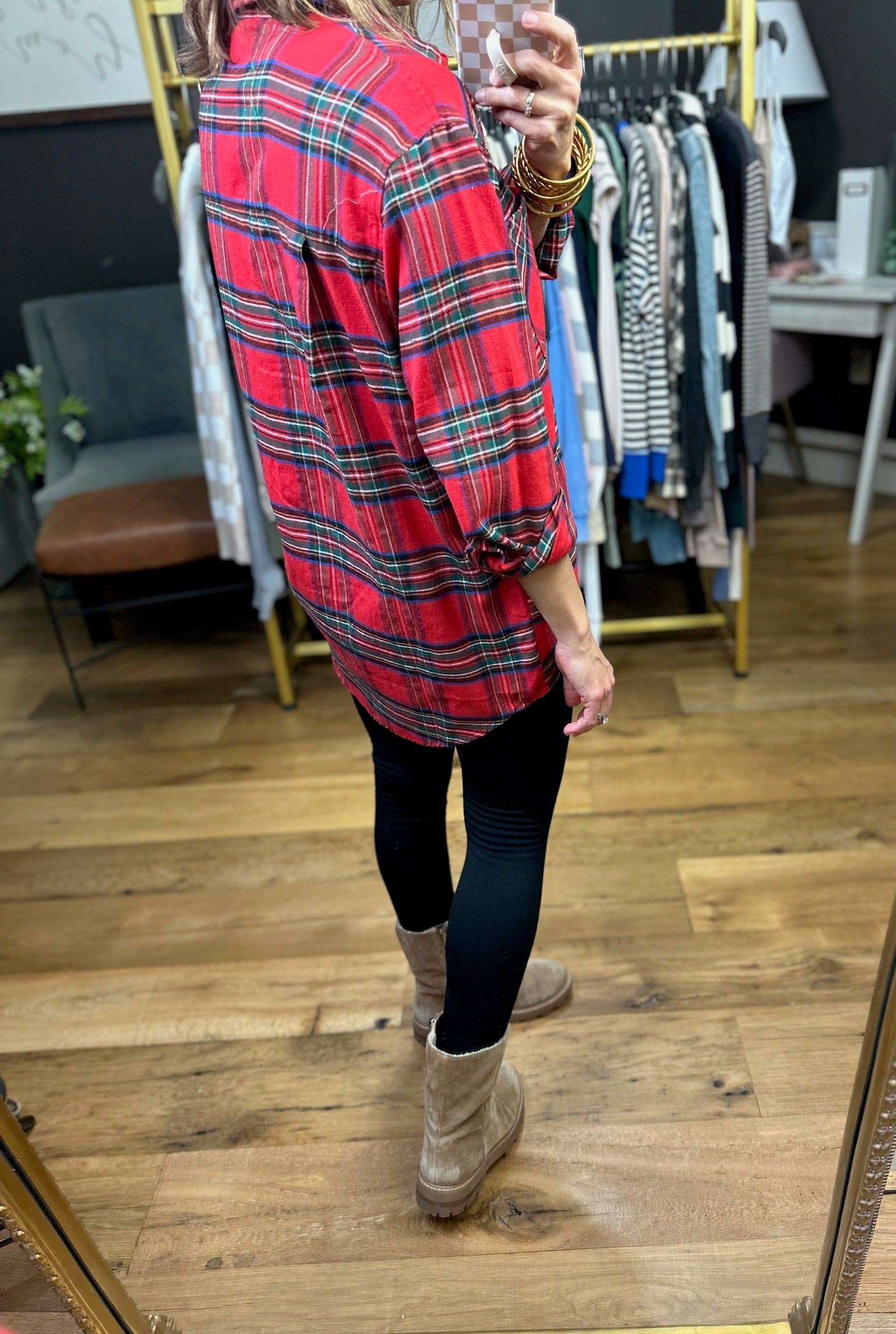 Reaching Out Plaid Button-Down - Red-Long Sleeves-La Miel-Anna Kaytes Boutique, Women's Fashion Boutique in Grinnell, Iowa