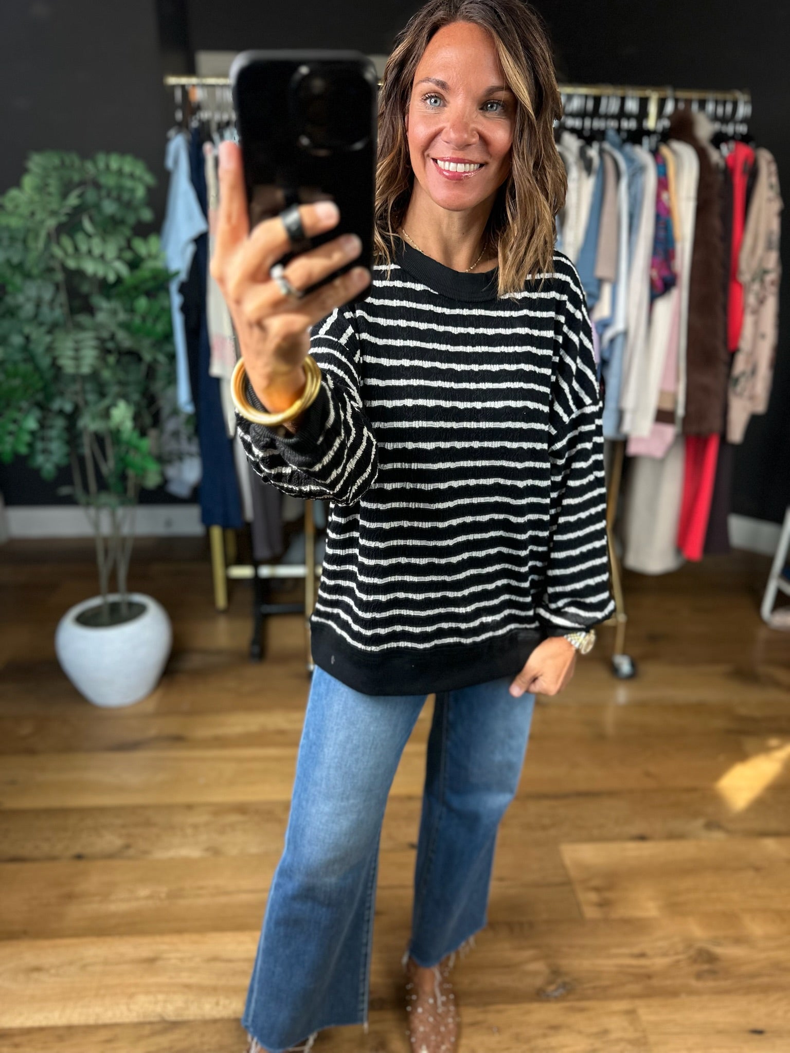 True Reflection Textured Striped Crewneck-Sweaters-Umgee-Anna Kaytes Boutique, Women's Fashion Boutique in Grinnell, Iowa
