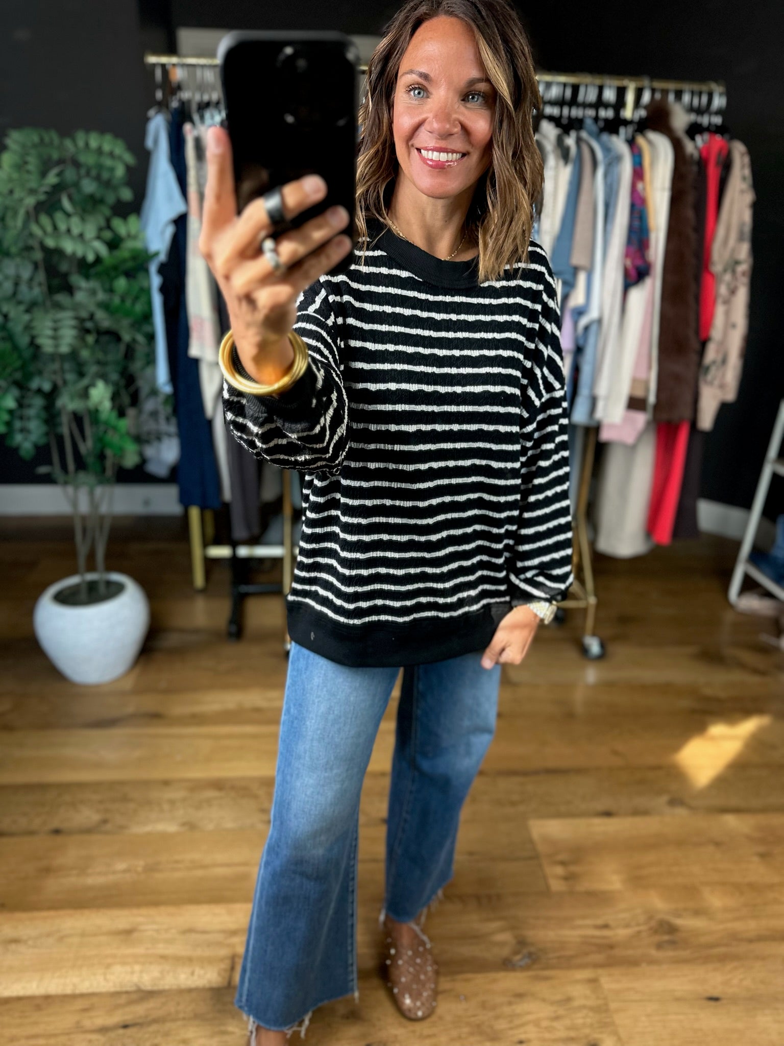 True Reflection Textured Striped Crewneck-Sweaters-Umgee-Anna Kaytes Boutique, Women's Fashion Boutique in Grinnell, Iowa