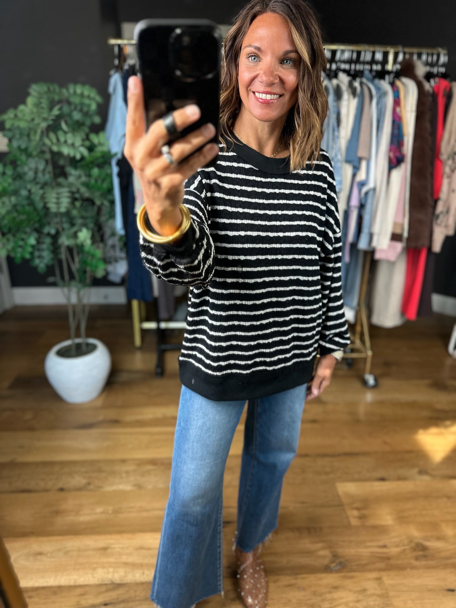 True Reflection Textured Striped Crewneck-Sweaters-Umgee-Anna Kaytes Boutique, Women's Fashion Boutique in Grinnell, Iowa