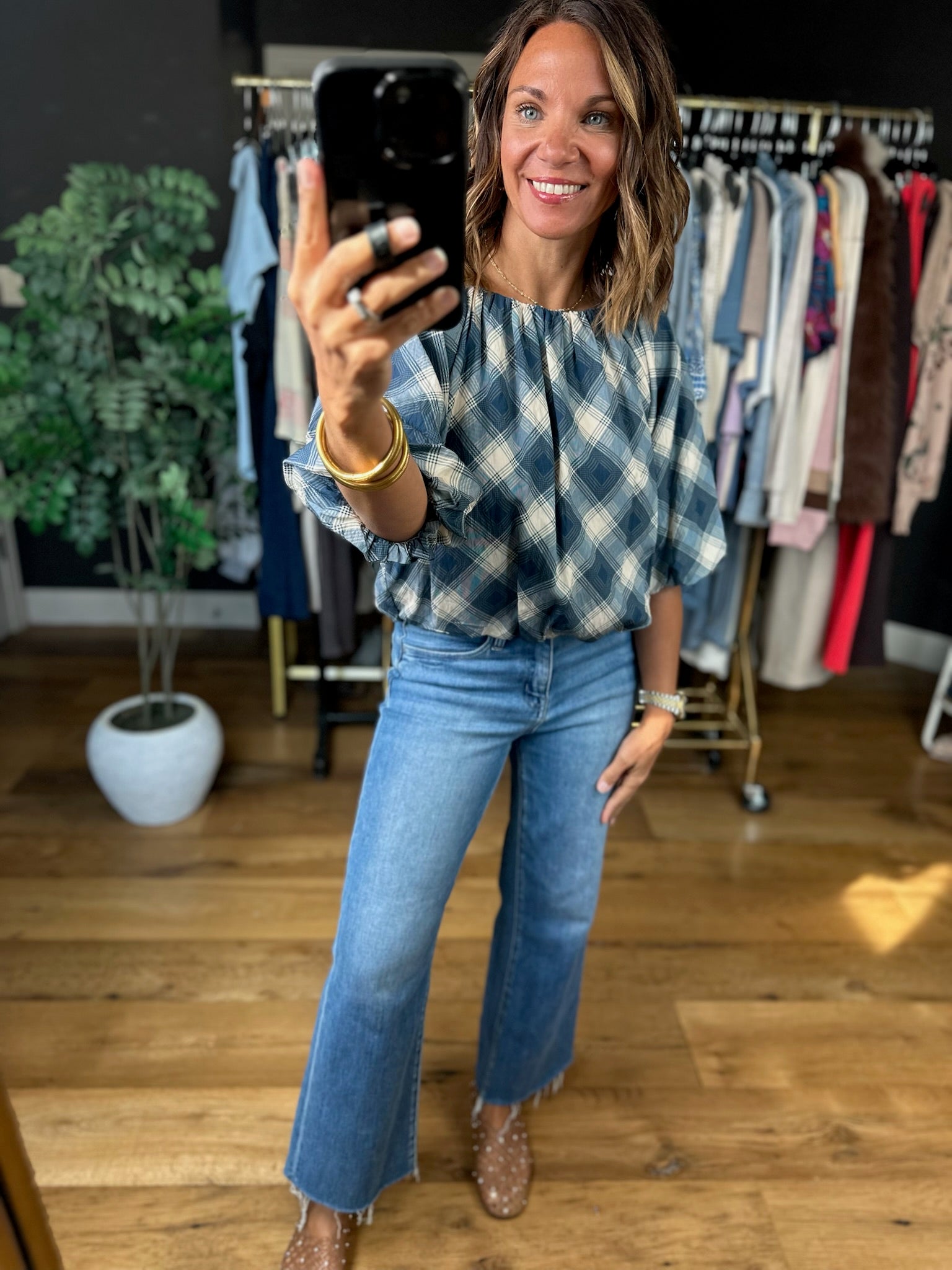 Chosen One Bubble-Hem Plaid Top-Short Sleeves-THML-Anna Kaytes Boutique, Women's Fashion Boutique in Grinnell, Iowa