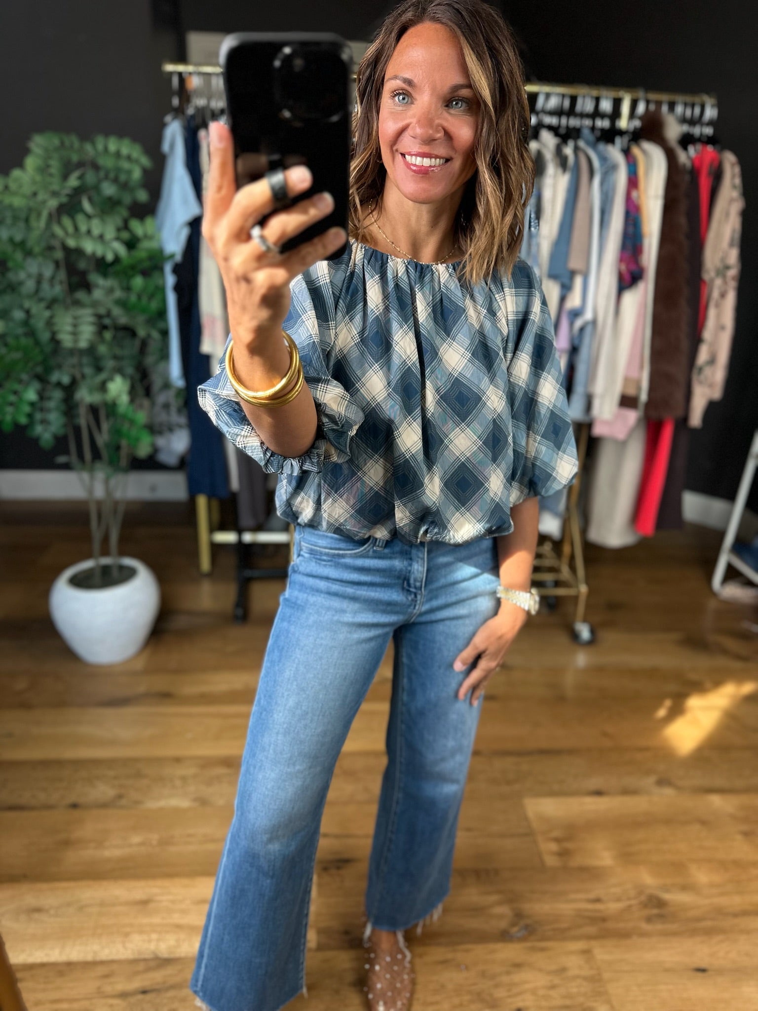 Chosen One Bubble-Hem Plaid Top-Short Sleeves-THML-Anna Kaytes Boutique, Women's Fashion Boutique in Grinnell, Iowa