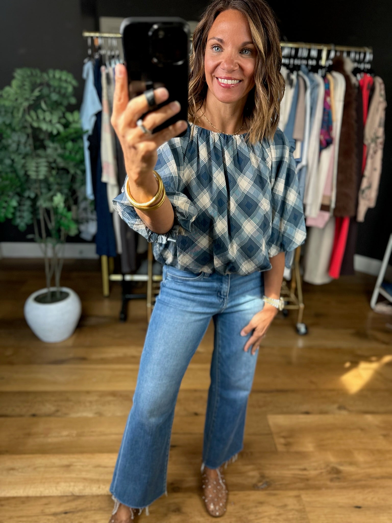 Chosen One Bubble-Hem Plaid Top-Short Sleeves-THML-Anna Kaytes Boutique, Women's Fashion Boutique in Grinnell, Iowa