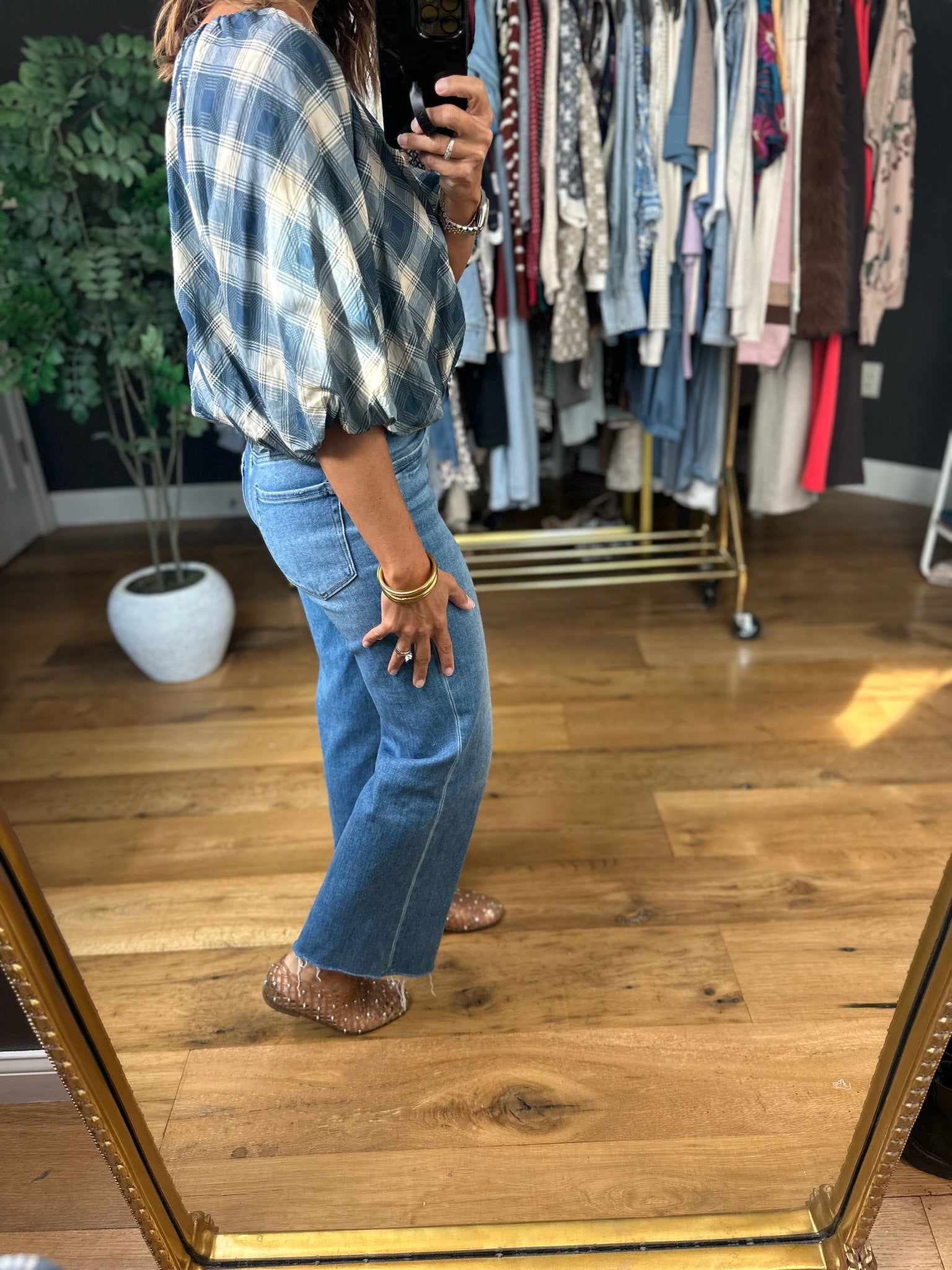 Chosen One Bubble-Hem Plaid Top-Short Sleeves-THML-Anna Kaytes Boutique, Women's Fashion Boutique in Grinnell, Iowa