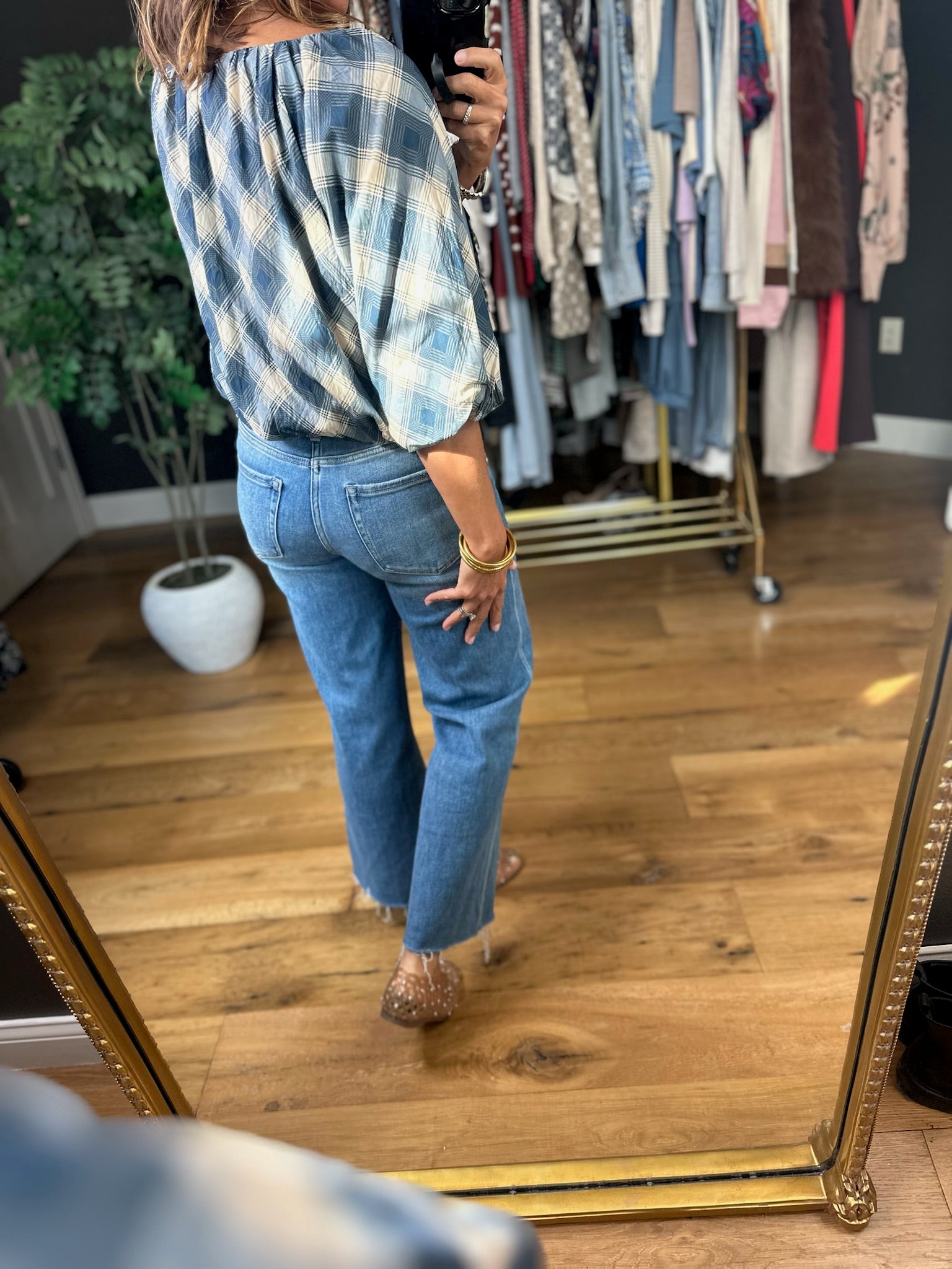 Chosen One Bubble-Hem Plaid Top-Short Sleeves-THML-Anna Kaytes Boutique, Women's Fashion Boutique in Grinnell, Iowa