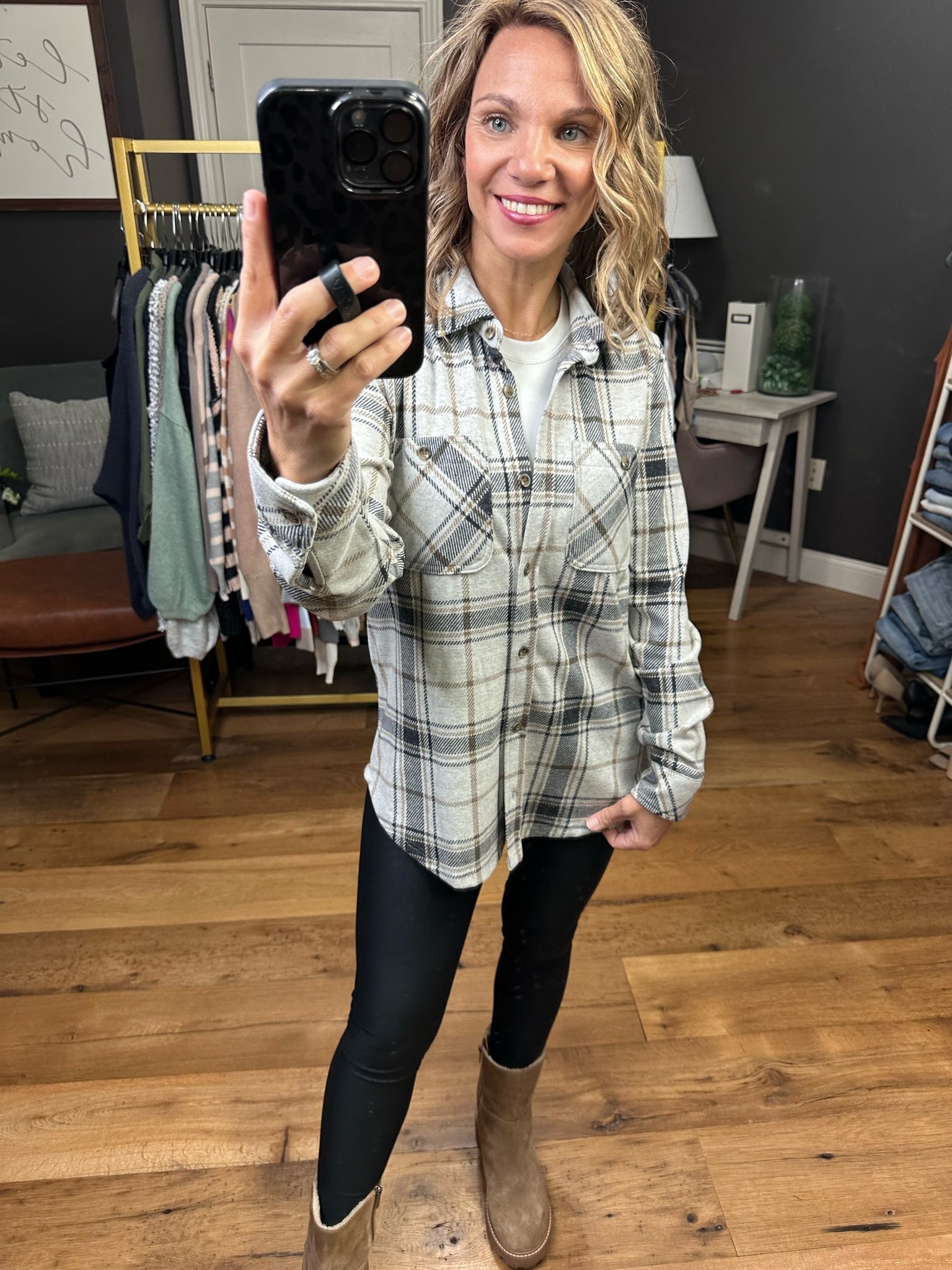 Happy Place Plaid Button-Down Longsleeve - Black/Brown-Long Sleeves-Thread & Supply-Anna Kaytes Boutique, Women's Fashion Boutique in Grinnell, Iowa