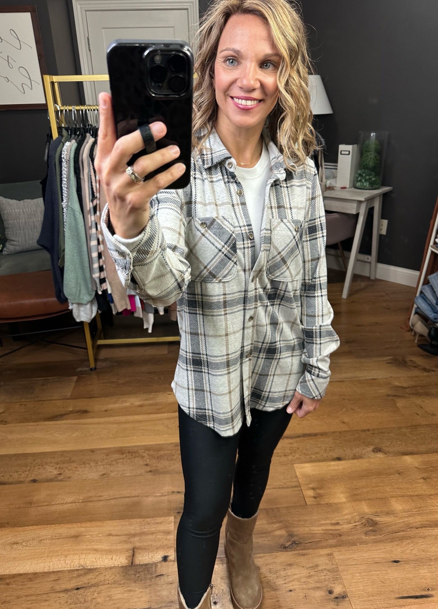 Happy Place Plaid Button-Down Longsleeve - Black/Brown-Long Sleeves-Thread & Supply-Anna Kaytes Boutique, Women's Fashion Boutique in Grinnell, Iowa