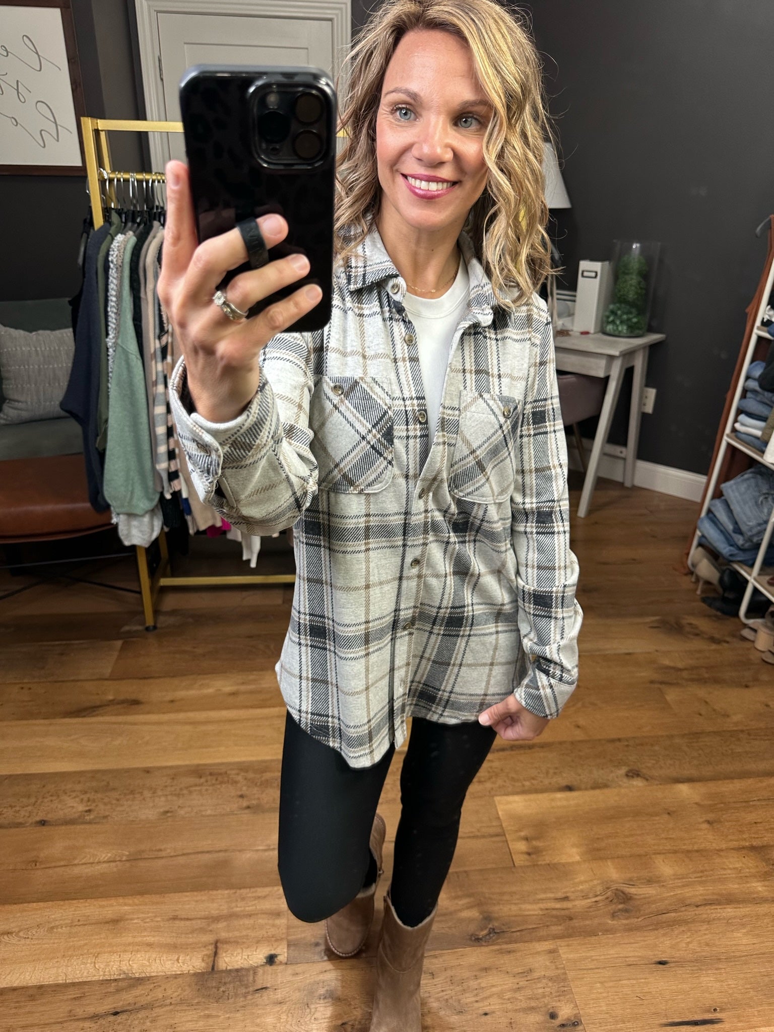 Happy Place Plaid Button-Down Longsleeve - Black/Brown-Long Sleeves-Thread & Supply-Anna Kaytes Boutique, Women's Fashion Boutique in Grinnell, Iowa