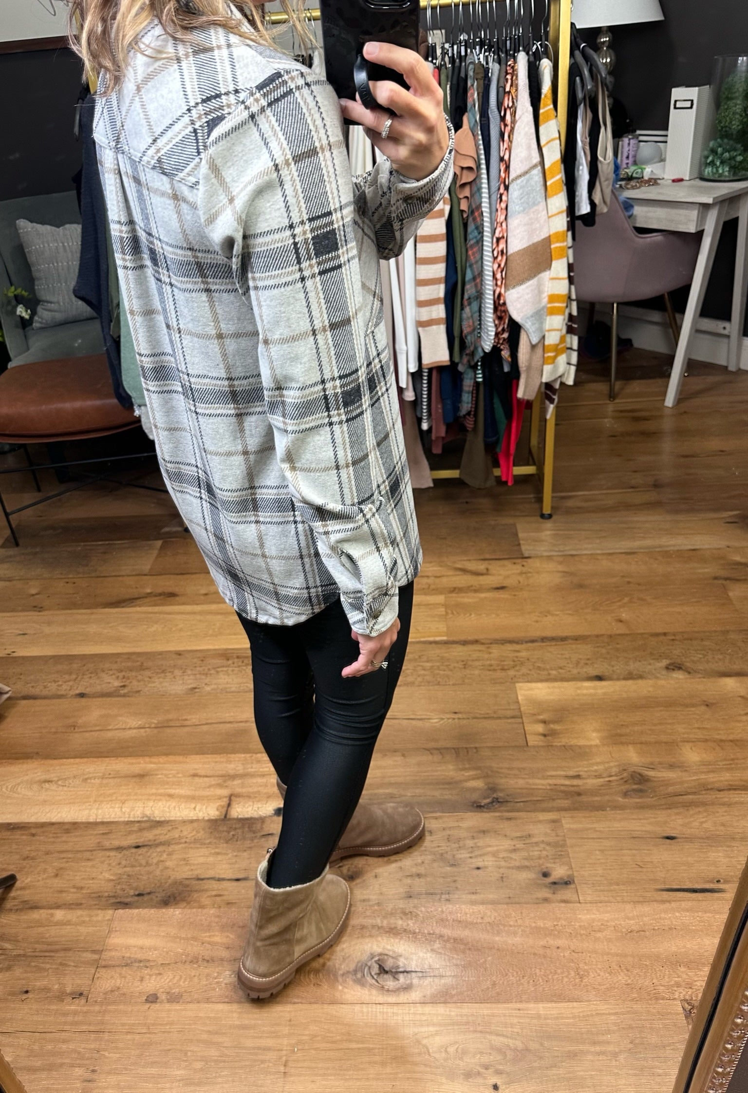 Happy Place Plaid Button-Down Longsleeve - Black/Brown-Long Sleeves-Thread & Supply-Anna Kaytes Boutique, Women's Fashion Boutique in Grinnell, Iowa