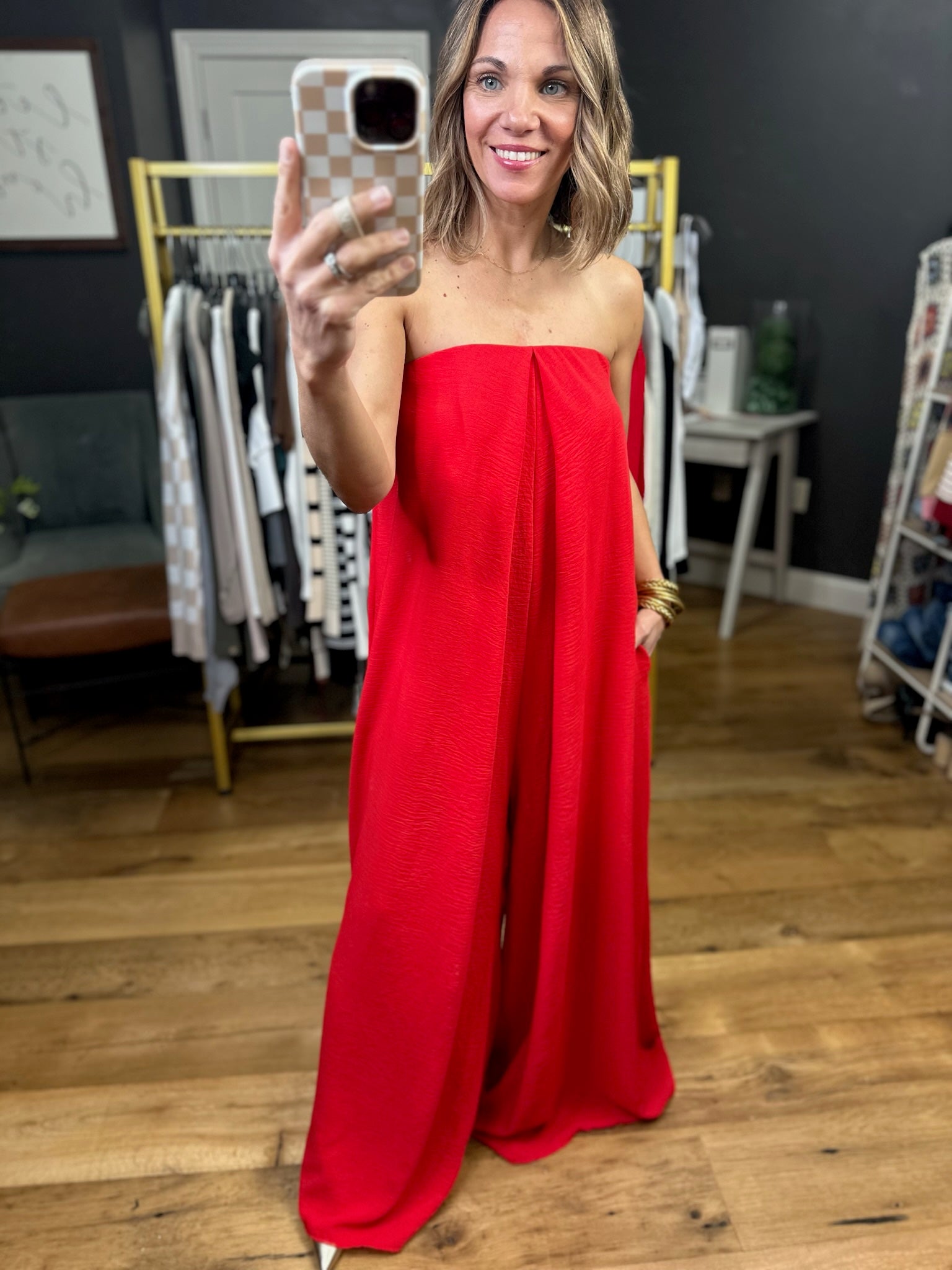 Ring The Alarm Strapless Wide-Leg Jumpsuit - Red-Bucketlist-Anna Kaytes Boutique, Women's Fashion Boutique in Grinnell, Iowa