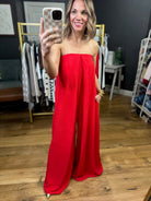 Ring The Alarm Strapless Wide-Leg Jumpsuit - Red-Bucketlist-Anna Kaytes Boutique, Women's Fashion Boutique in Grinnell, Iowa