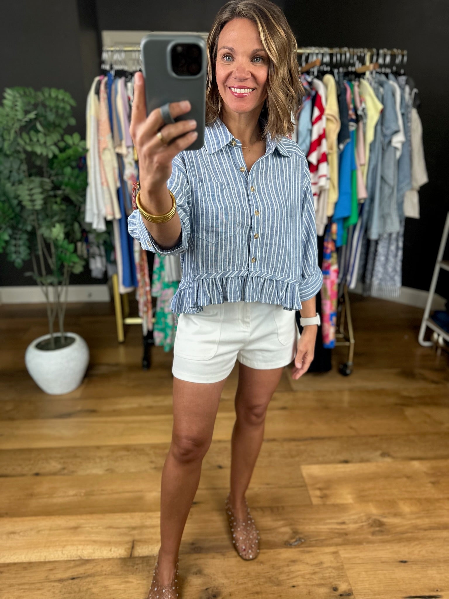 Want To Be Here Peplum Button-Down Top-Short Sleeves-ee:some-Anna Kaytes Boutique, Women's Fashion Boutique in Grinnell, Iowa