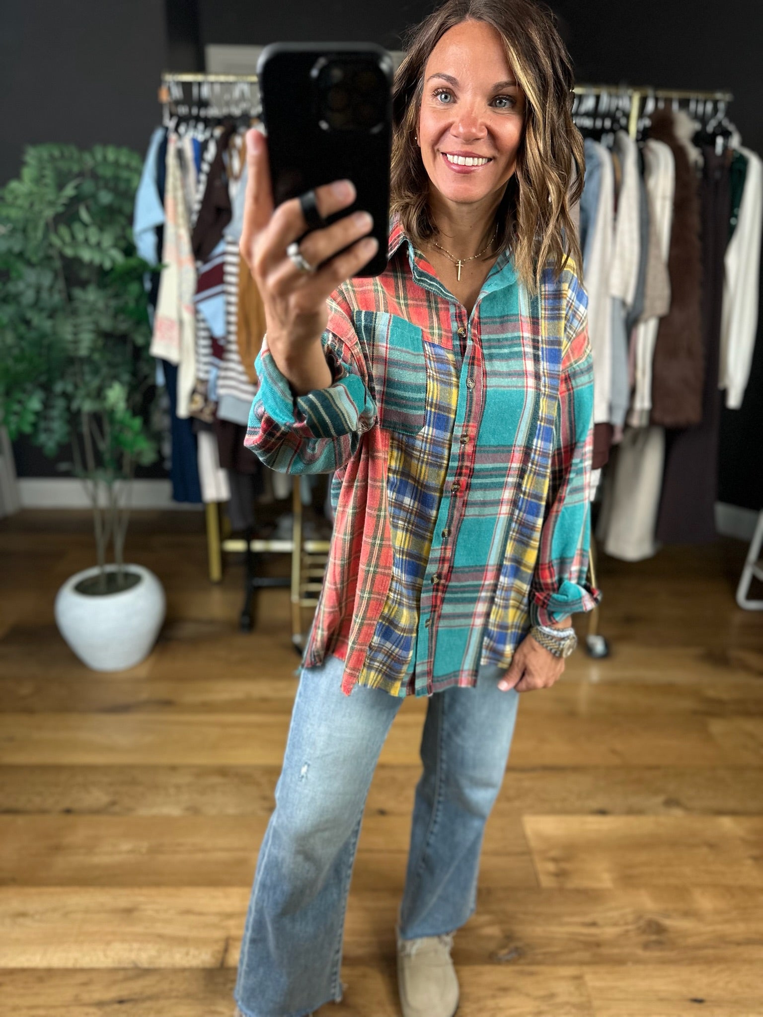 High Hopes Plaid Patchwork Button-Down Top-Long Sleeves-Easel-Anna Kaytes Boutique, Women's Fashion Boutique in Grinnell, Iowa