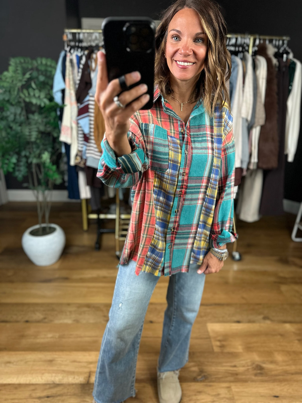 High Hopes Plaid Patchwork Button-Down Top-Long Sleeves-Easel-Anna Kaytes Boutique, Women's Fashion Boutique in Grinnell, Iowa