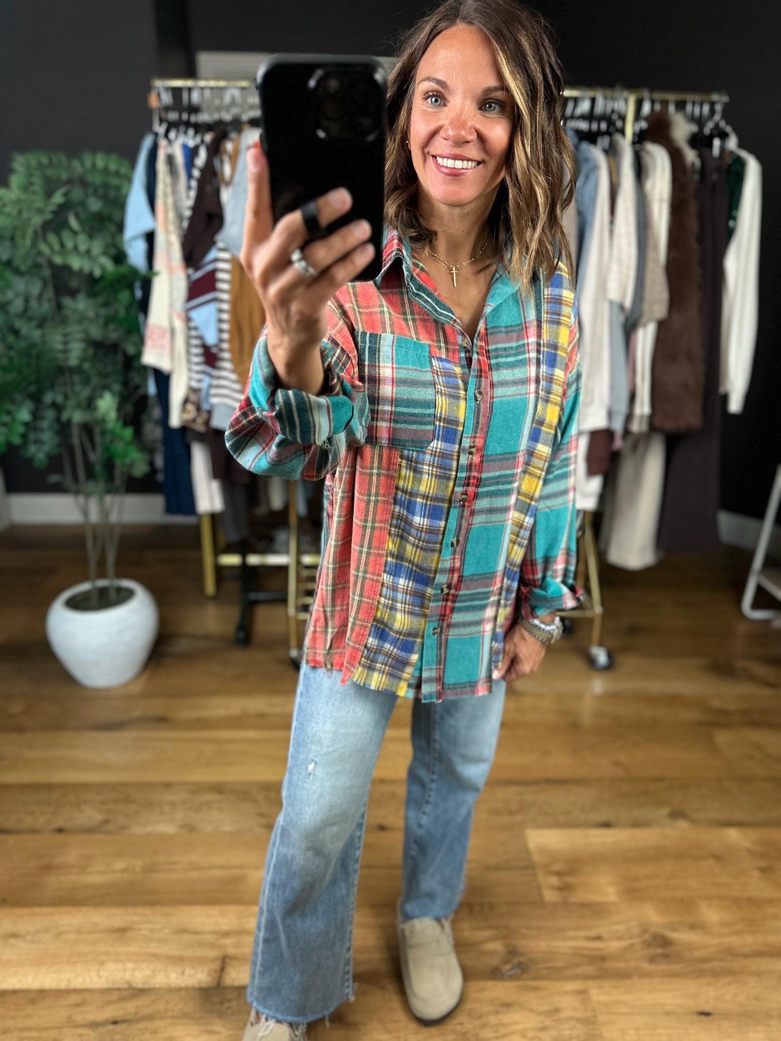 High Hopes Plaid Patchwork Button-Down Top-Long Sleeves-Easel-Anna Kaytes Boutique, Women's Fashion Boutique in Grinnell, Iowa