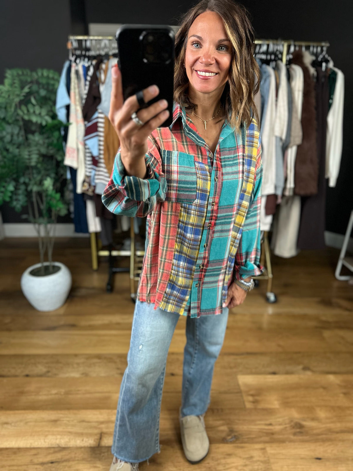 High Hopes Plaid Patchwork Button-Down Top-Long Sleeves-Easel-Anna Kaytes Boutique, Women's Fashion Boutique in Grinnell, Iowa