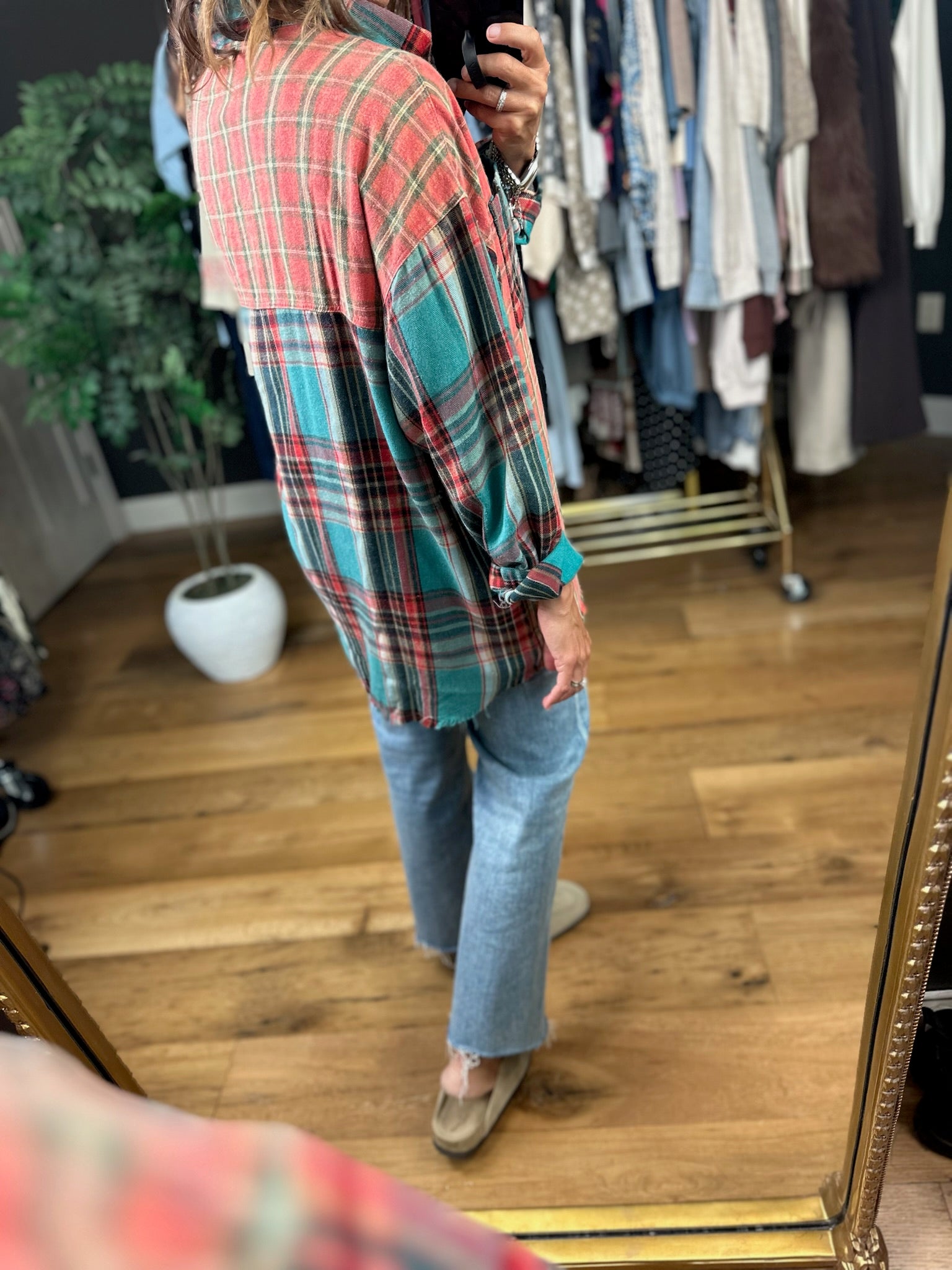 High Hopes Plaid Patchwork Button-Down Top-Long Sleeves-Easel-Anna Kaytes Boutique, Women's Fashion Boutique in Grinnell, Iowa