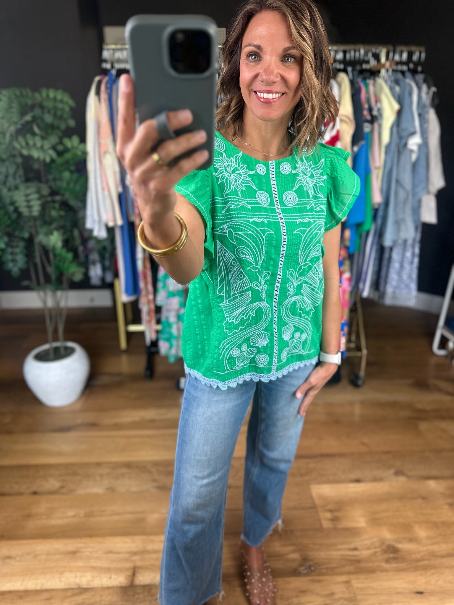 Sail Away Embroidery-Detail Top-Short Sleeves-THML-Anna Kaytes Boutique, Women's Fashion Boutique in Grinnell, Iowa
