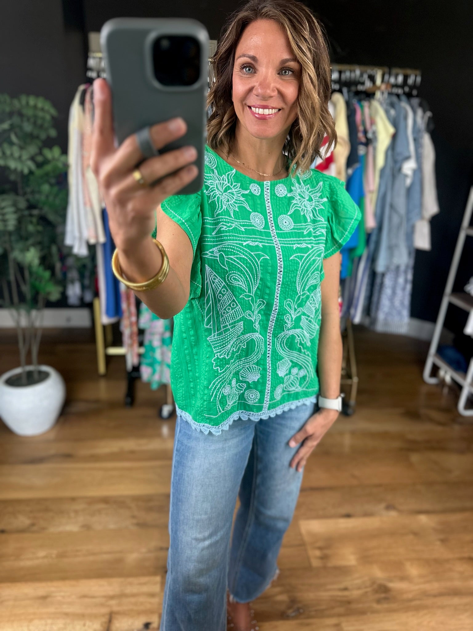 Sail Away Embroidery-Detail Top-Short Sleeves-THML-Anna Kaytes Boutique, Women's Fashion Boutique in Grinnell, Iowa