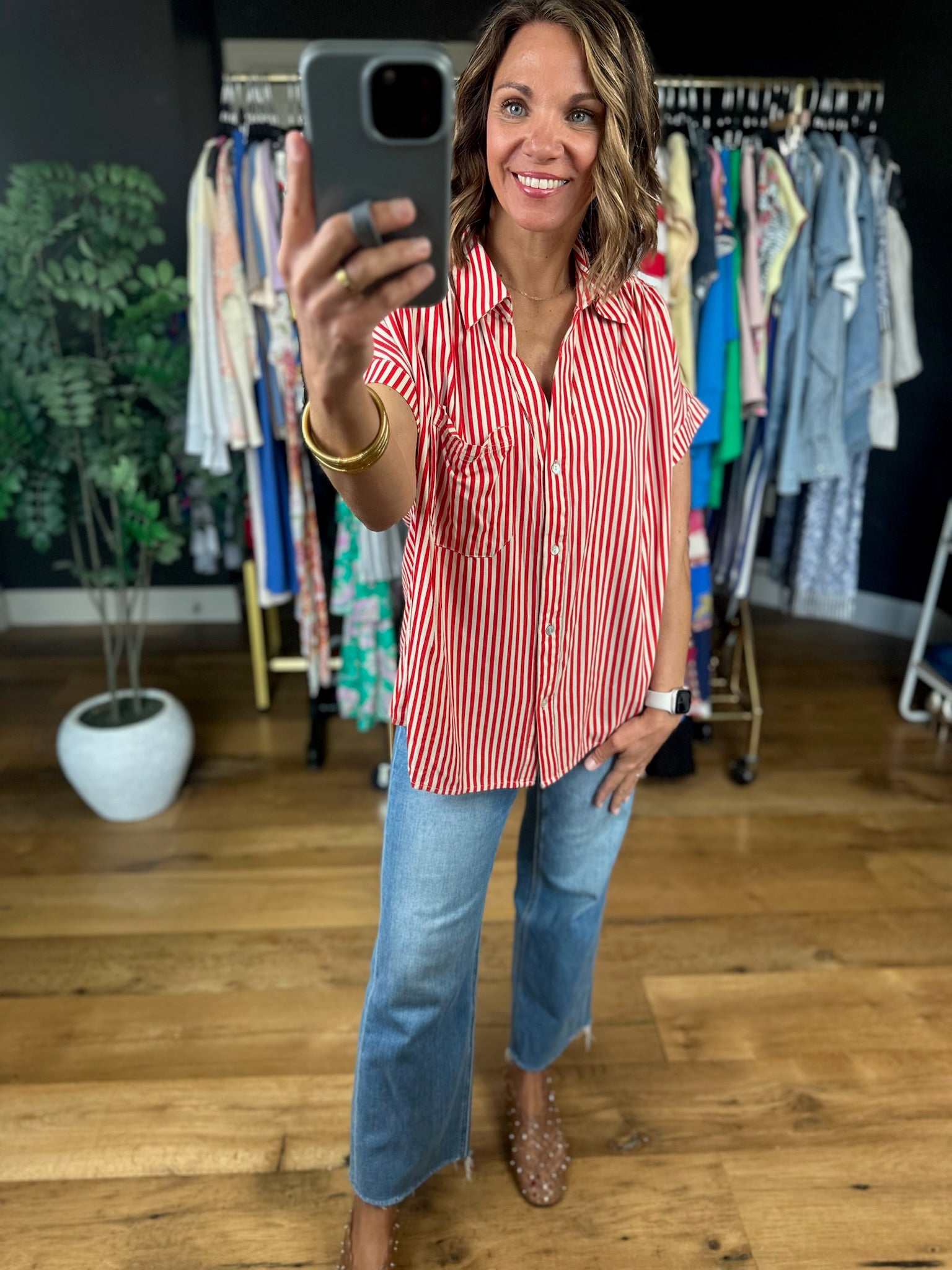 Highly Qualified Striped Button-Down Top-Short Sleeves-Vine & Love-Anna Kaytes Boutique, Women's Fashion Boutique in Grinnell, Iowa