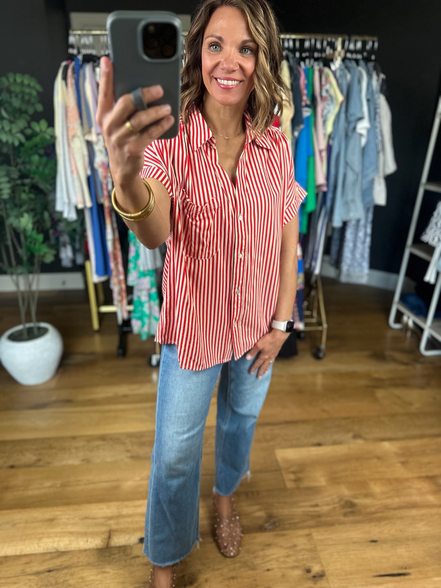 Highly Qualified Striped Button-Down Top-Short Sleeves-Vine & Love-Anna Kaytes Boutique, Women's Fashion Boutique in Grinnell, Iowa