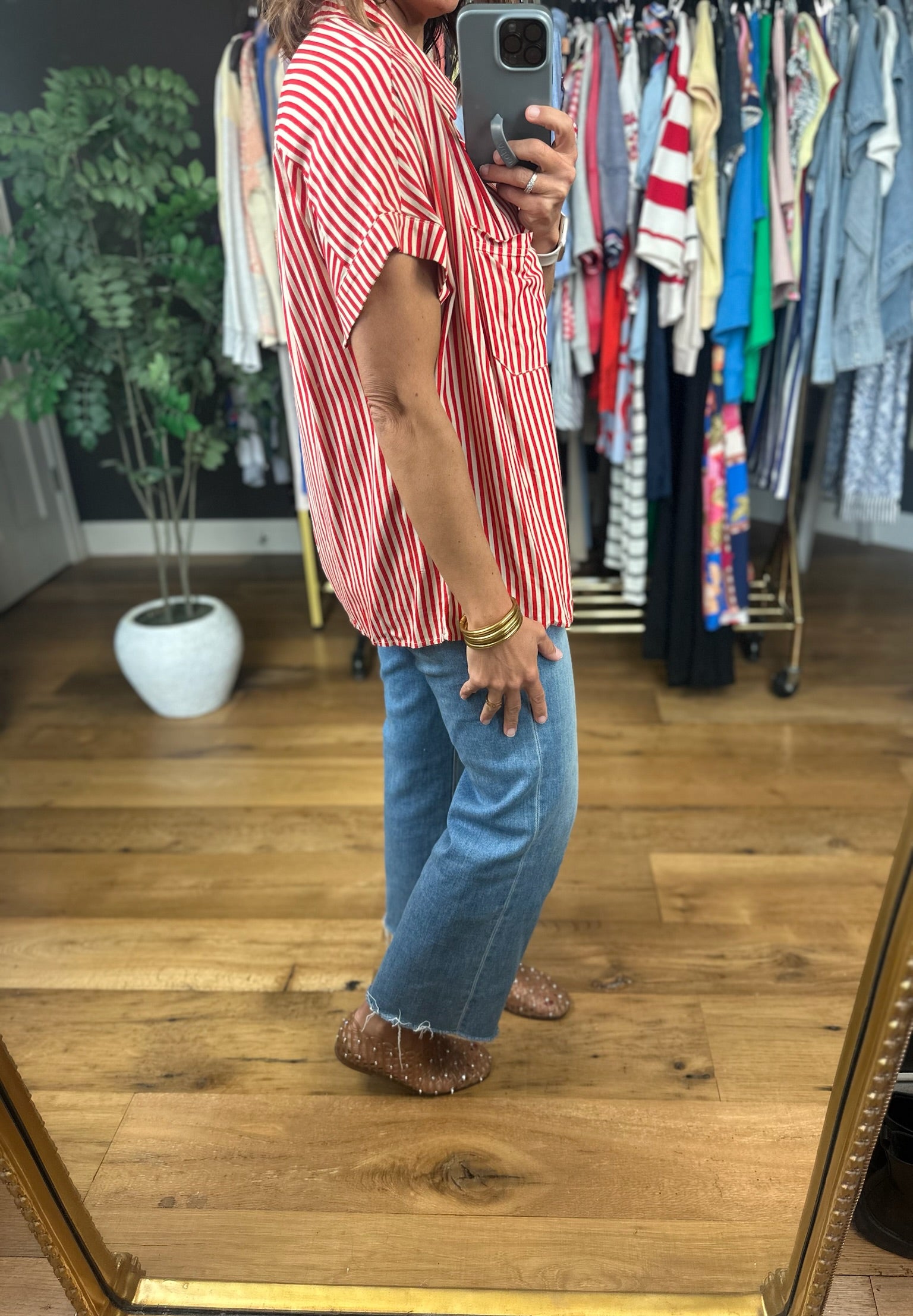 Highly Qualified Striped Button-Down Top-Short Sleeves-Vine & Love-Anna Kaytes Boutique, Women's Fashion Boutique in Grinnell, Iowa