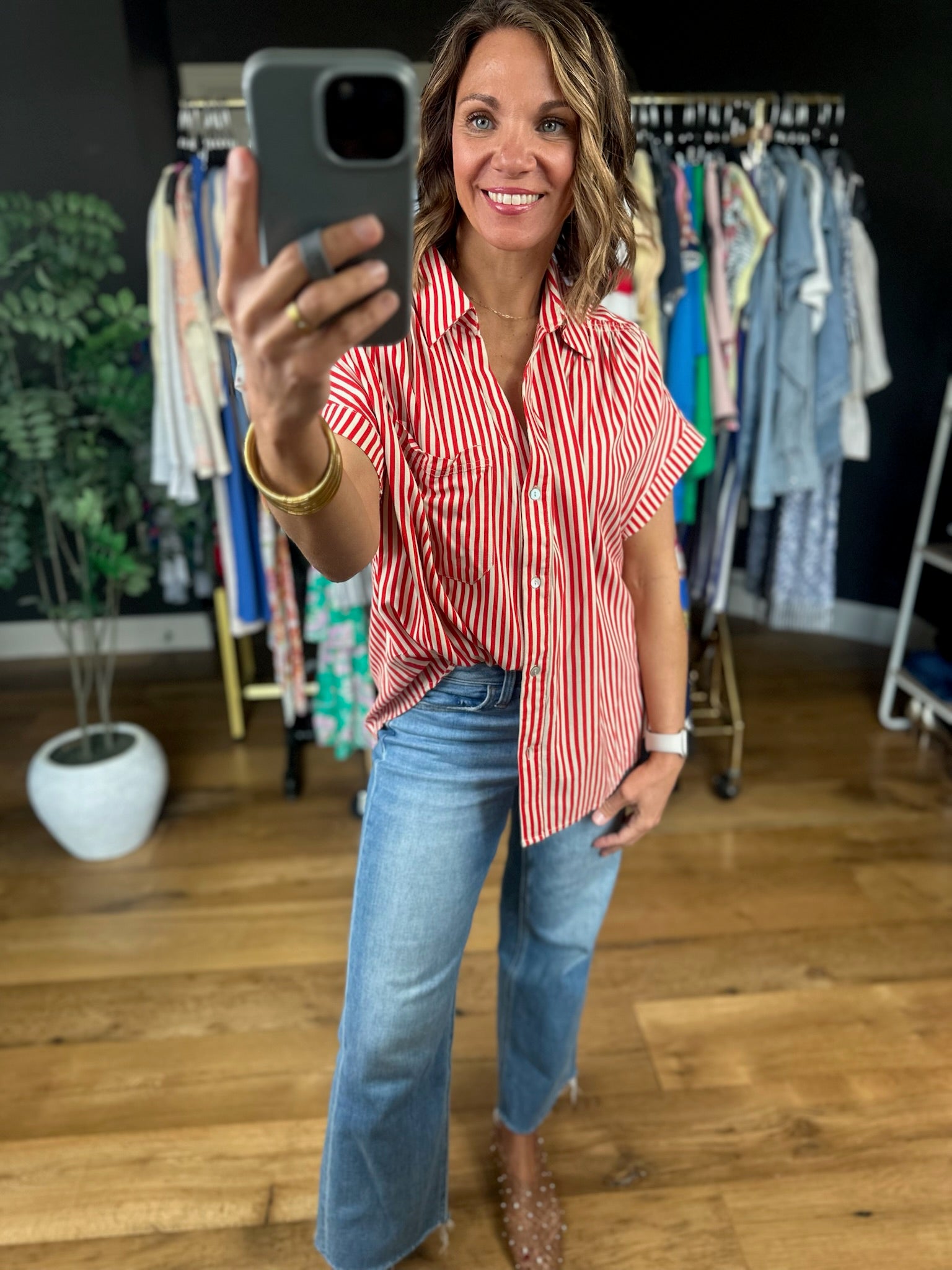 Highly Qualified Striped Button-Down Top-Short Sleeves-Vine & Love-Anna Kaytes Boutique, Women's Fashion Boutique in Grinnell, Iowa