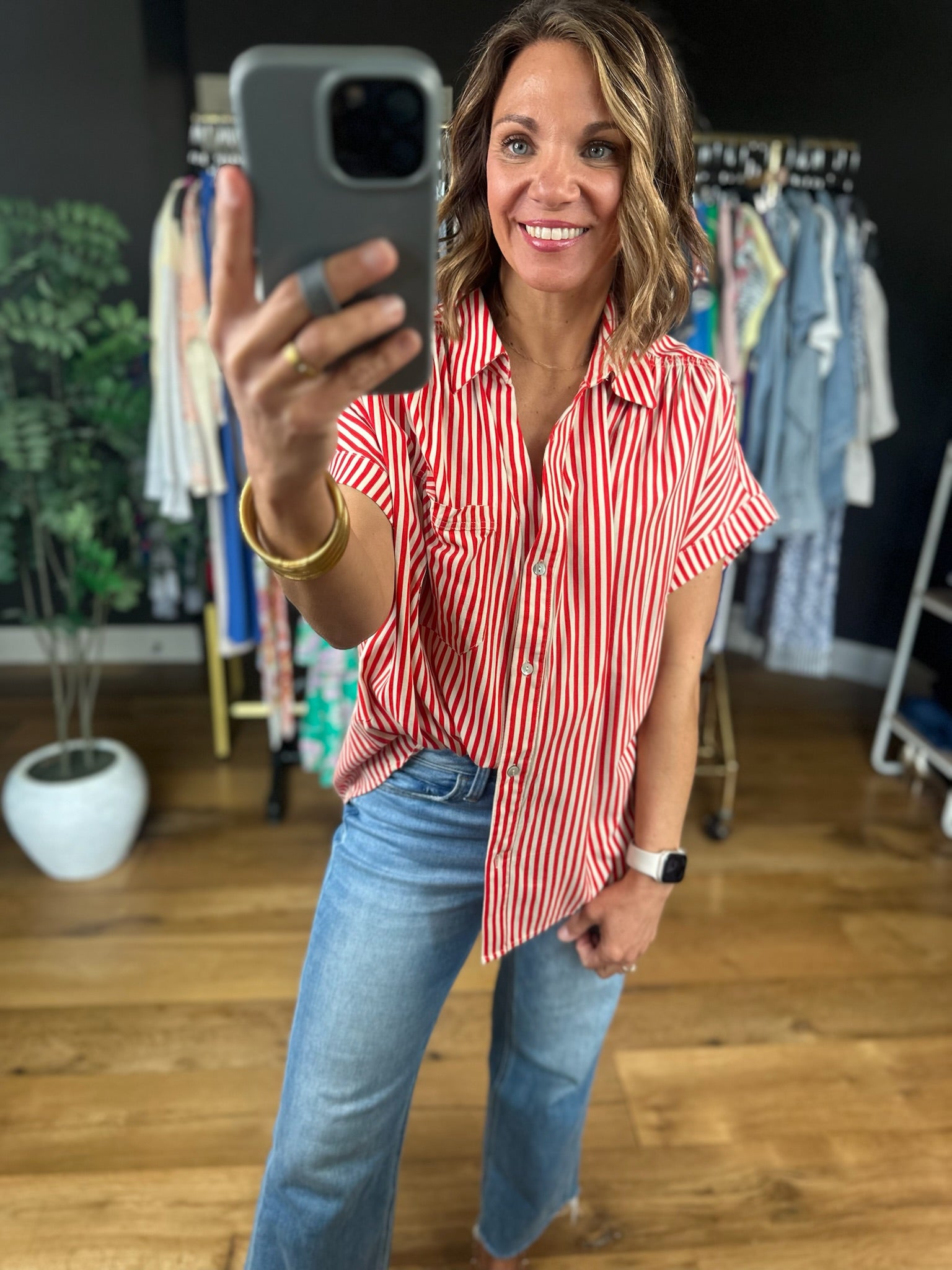 Highly Qualified Striped Button-Down Top-Short Sleeves-Vine & Love-Anna Kaytes Boutique, Women's Fashion Boutique in Grinnell, Iowa