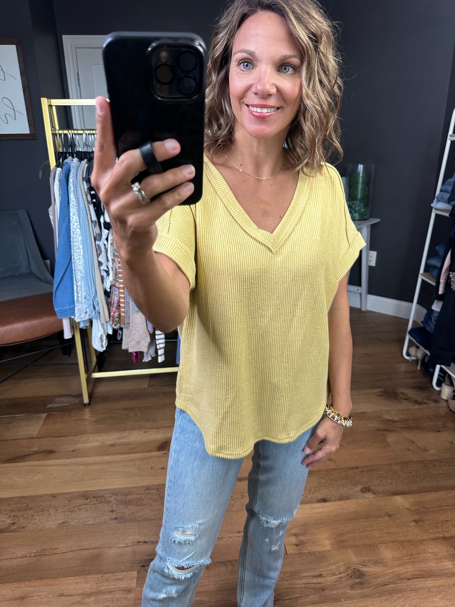 A Little While More Ribbed V-Neck Top - Dusty Yellow-Blu Pepper-Anna Kaytes Boutique, Women's Fashion Boutique in Grinnell, Iowa