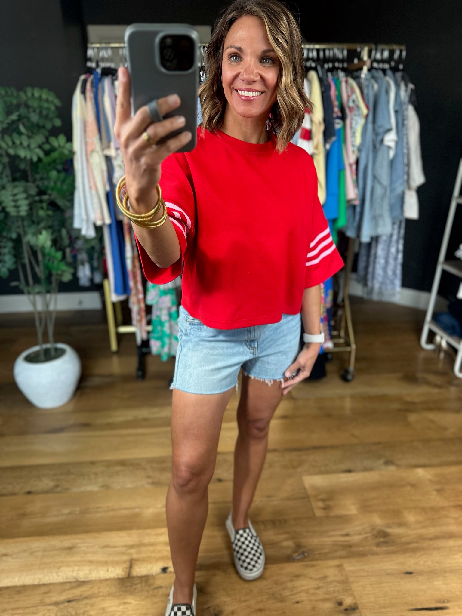 New Information Stripe-Detail Top-Short Sleeves-Entro-Anna Kaytes Boutique, Women's Fashion Boutique in Grinnell, Iowa
