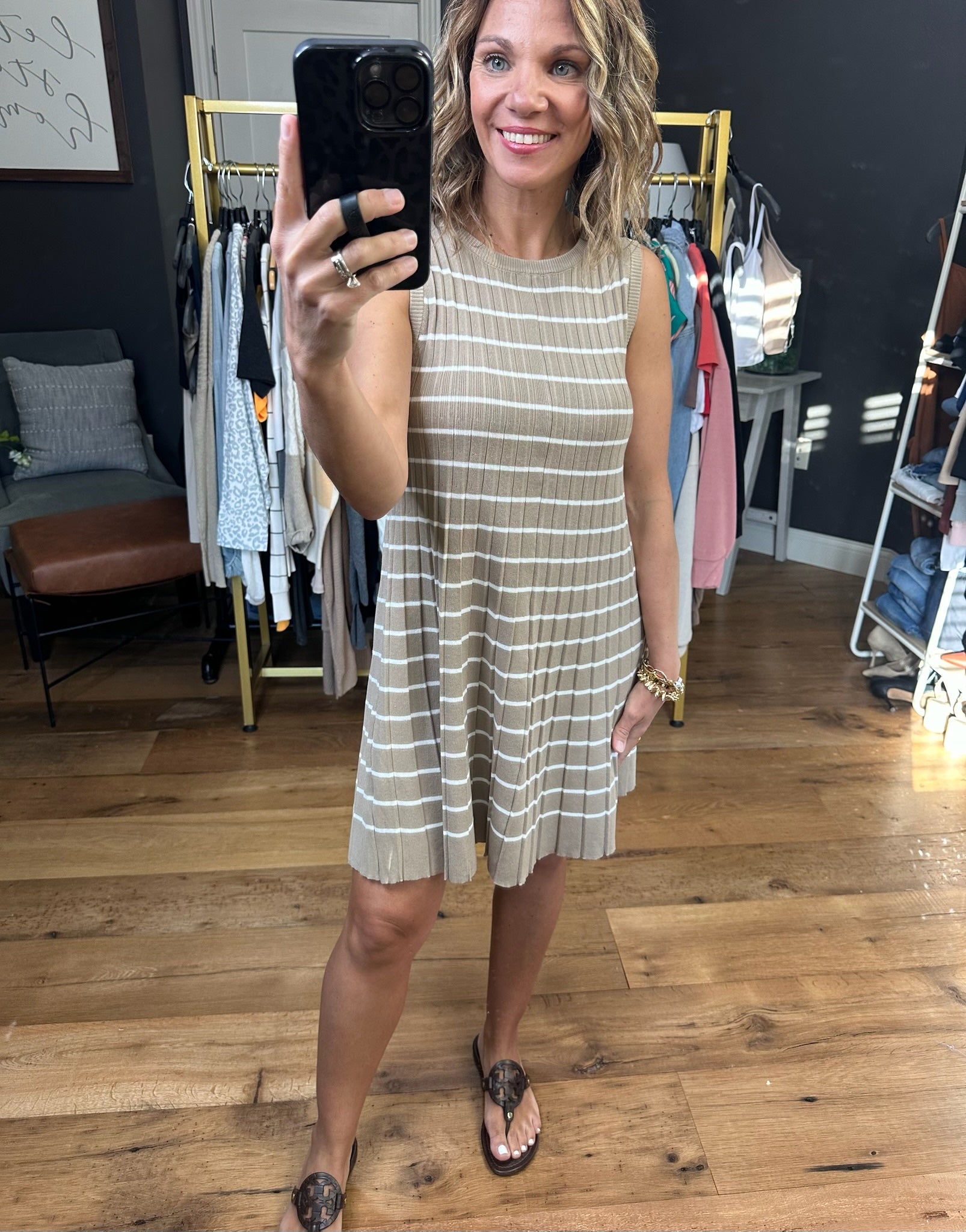 In the Business Striped Knit Dress - Mocha/White-Dresses-Wishlist-Anna Kaytes Boutique, Women's Fashion Boutique in Grinnell, Iowa