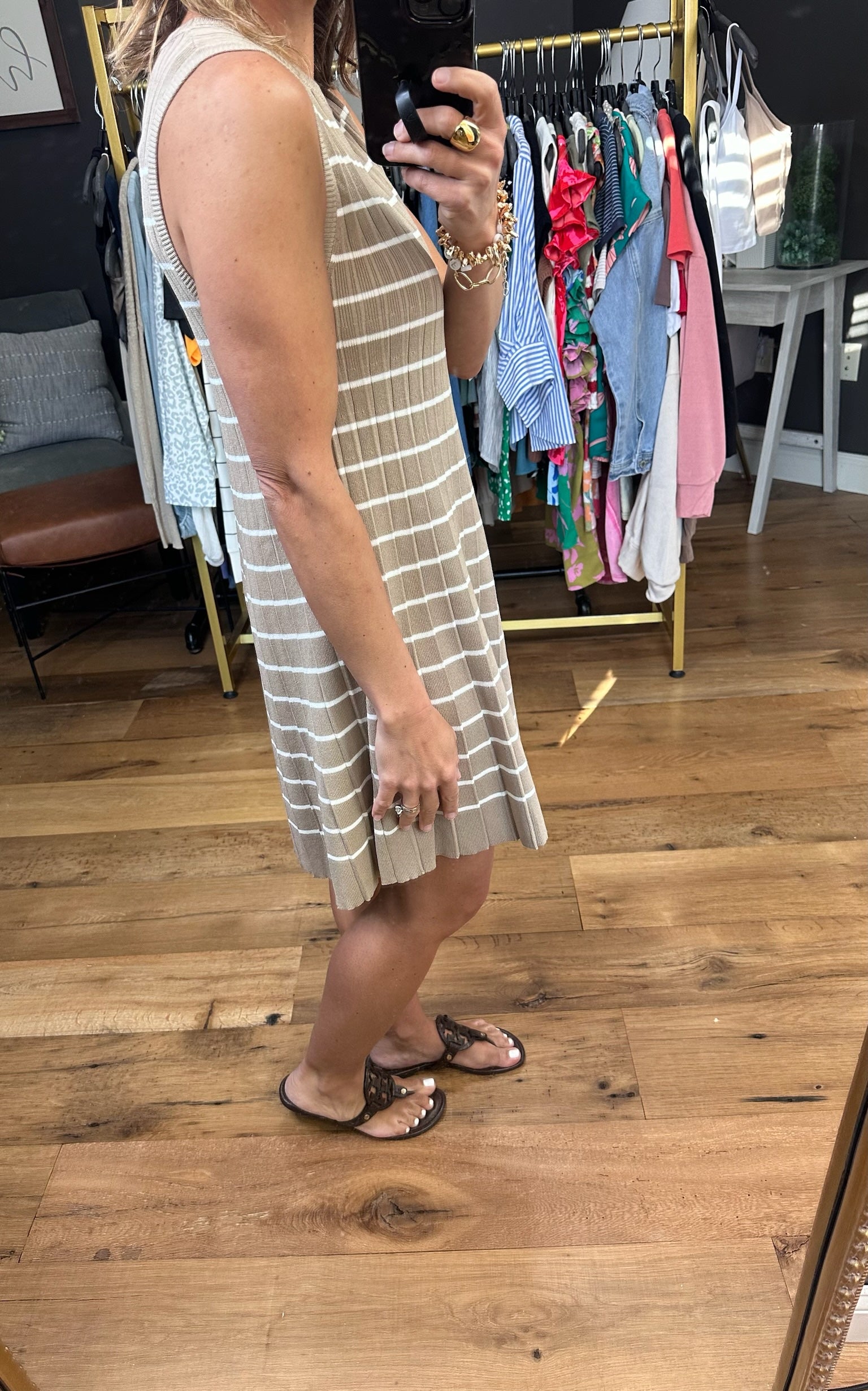 In the Business Striped Knit Dress - Mocha/White-Dresses-Wishlist-Anna Kaytes Boutique, Women's Fashion Boutique in Grinnell, Iowa